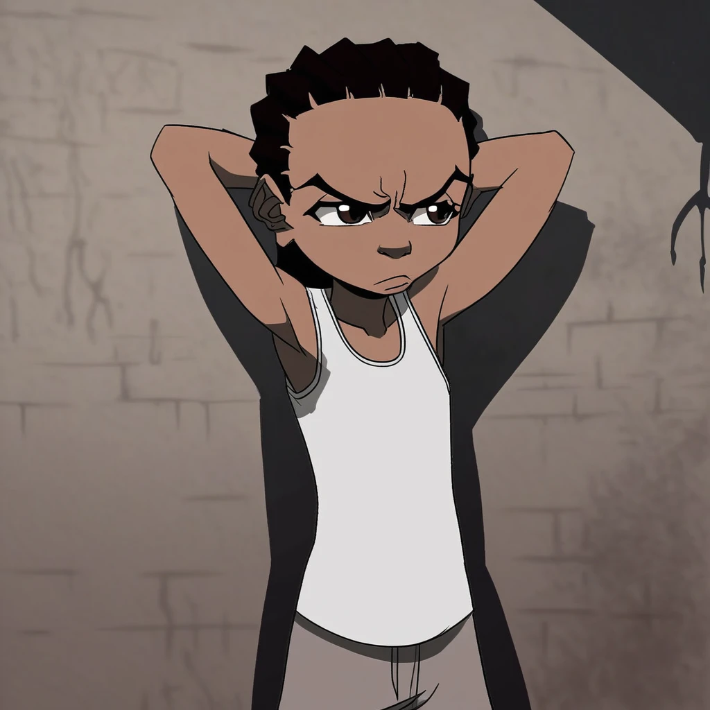 score_9, solo, riley_f, 1boy, dark-skinned male, black hair, dreadlocks, brown eyes, tank top, pants, hands behind head, alleyway, bored, natural lighting