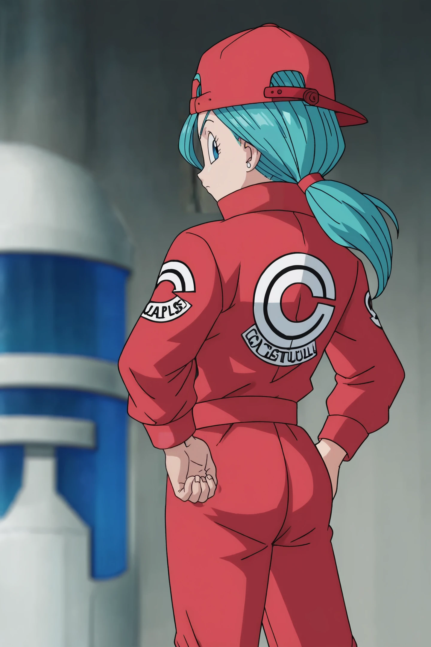 source_anime, score_9, score_8_up, score_7_up, anime screencap,8k, absurd res,
bulma, 1girl, solo, long hair, hat, ponytail, red headwear, backwards hat, from behind, blurry, aqua hair, blurry background, clothes writing, looking back, (red jumpsuit), popped collar, mouth marking, blue eyes, laboratory, 
 <lora:bulmaDBS_pony_v3:0.8>