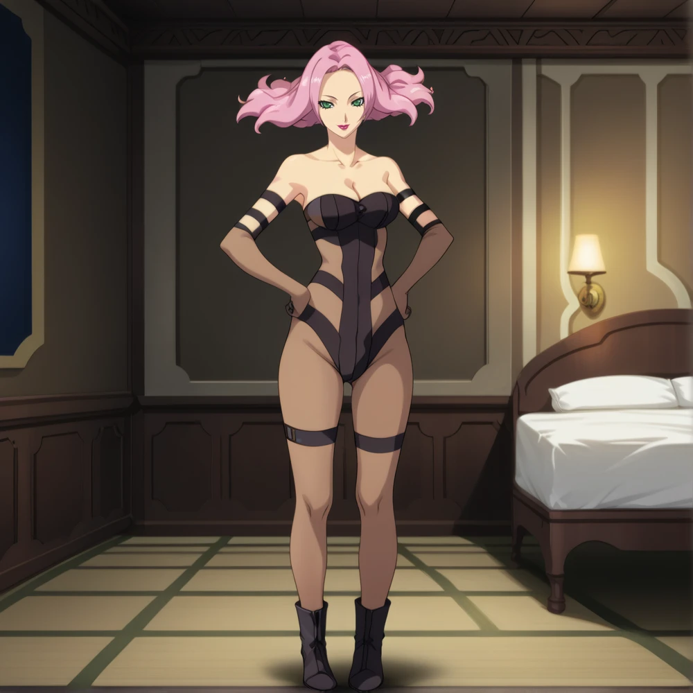 score_9, score_8_up,  source anime, ((hyper realistic)), (full body view), masterpiece, ultra detailed, vibrant, (indoors :1.3), 1 woman, (solo:1.2), mature female, Mexiah, mexiah floaty hair, pink hair, green eyes, hot-pink lips, mexiah pilotsuit, bare shoulders, collarbone, cleavage, leotard, armband, legband, elbow gloves, boots, tall, slender,  full body shot, looking  at viewer, standing, hands on hips, flirty, smile,  (perfect hands:1.2),  <lora:StS_detail_slider_release_two_v3:1>     <lora:Mexiah:1>