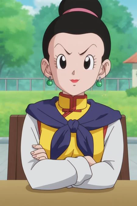 8k, masterpiece, best quality,cowboy shot, chaozu, 1girl, white skin,black hair, black eyes,chinese clothes,black hat, ((green)) and yellow jacket, looking at viewer, straight-on, (black pants),blush stickers, red pom pom \(clothes\),long sleeves,cleavage,medium breasts, building, grassfield,bald,smile,(v arms)