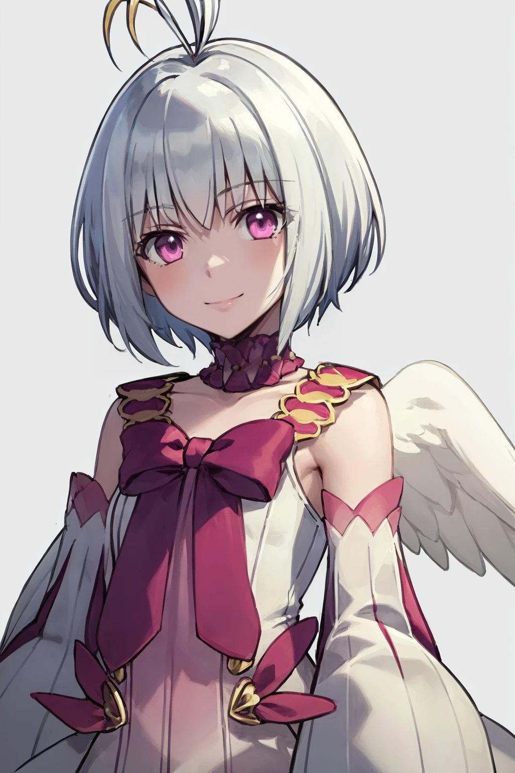 masterpiece, best quality,
1girl,  fitoria, white hair,  pink eyes, short hair, antenna hair,
bow, choker, detached sleeves, dress, angel wings,
upper body, smile, solo, looking at viewer, (simple background, white background:1.3)   <lora:Fitoria_byKonan:1>