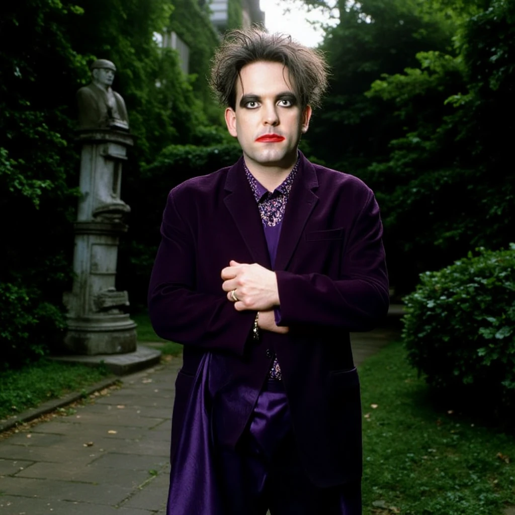 cinematic, dramatic lighting, full body shot, Robert Smith standing next to a statue in a beautiful Japanese Garden, he is wearing a fancy purple velvet suit and a long untucked elegant shirt with high neck and adornments, he has his classic messy hair and extreme facemakeup,in a professional photoshoot.