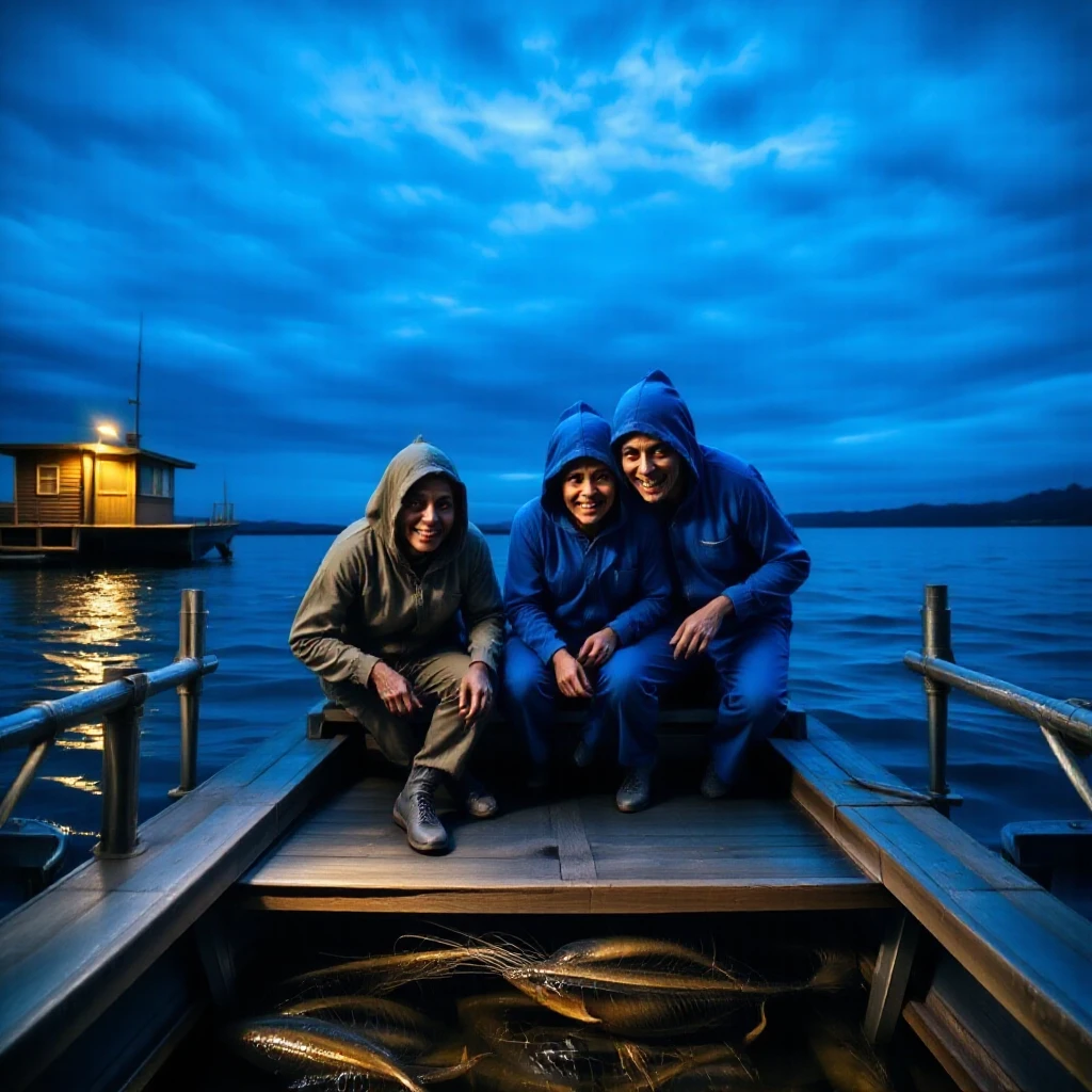 happy moments on a fishing boat.

 quirky whimsical, , cinematic 18k film, art photo, dawn, realistic professional, snapshot, 
 diffuse light and shadows, reflections, art 
blue cold backlight. 