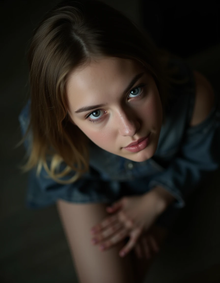 a 18 y.o girls,(from_above:1.1),from_side,soft lighting,high resolution,professional grade,RAW photography,evocative composition,Cinematic Lighting,moody lighting,(freckles:0.7),perfect eyes,depth of field,virtual background,eyes_focus,the face of an angel,(kneeling:0.7),