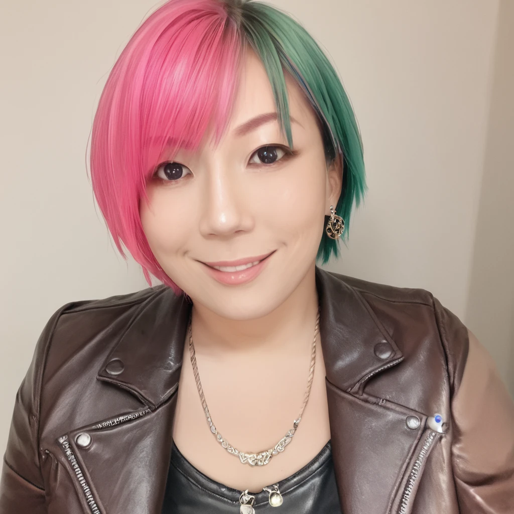 masterpiece, best quality,  <lora:Pony_Asuka_-_WWE_Superstar:1>, @suk@, 1girl, solo, jewelry, multicolored hair, leather, necklace, realistic, earrings, leather jacket, pink hair, two-tone hair, smile, short hair, lips, green hair, shirt, upper body, looking at viewer