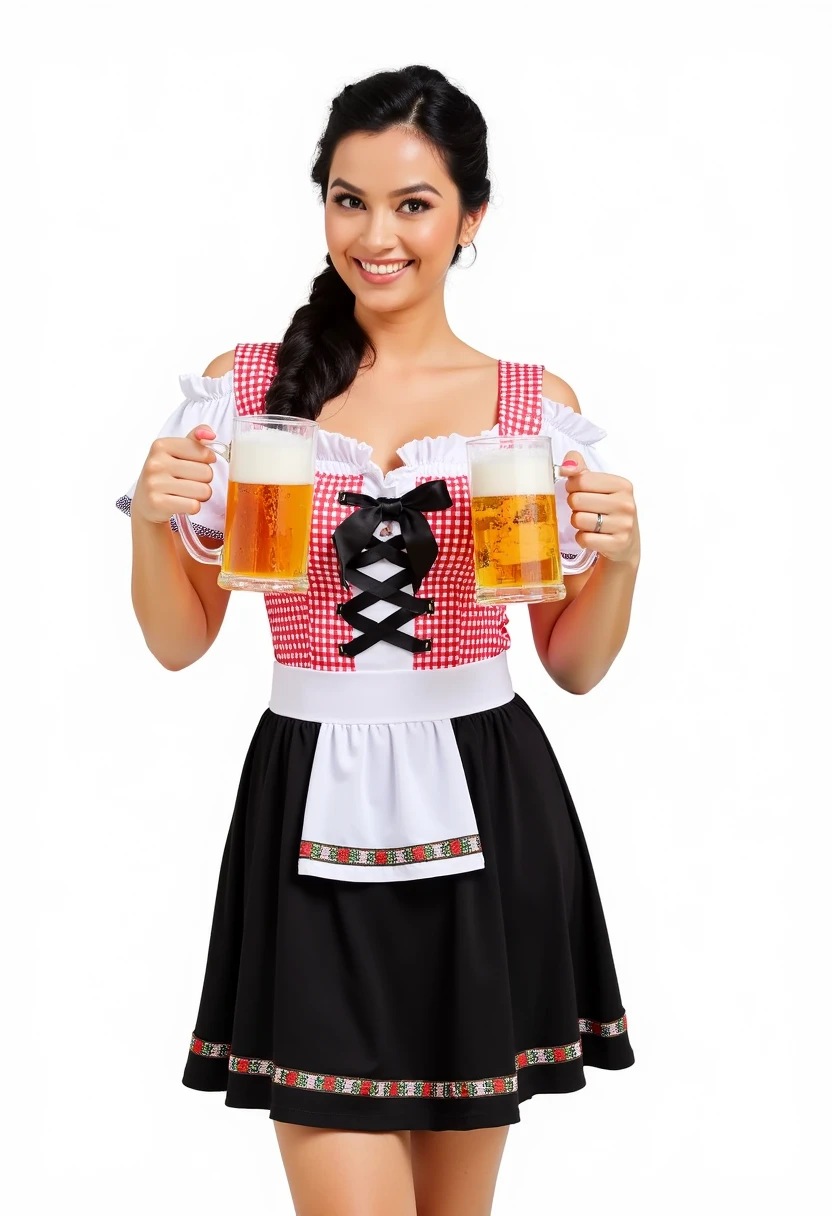 sexy 40 year old barmaid at german pub, wearing apron, holding beer bottle