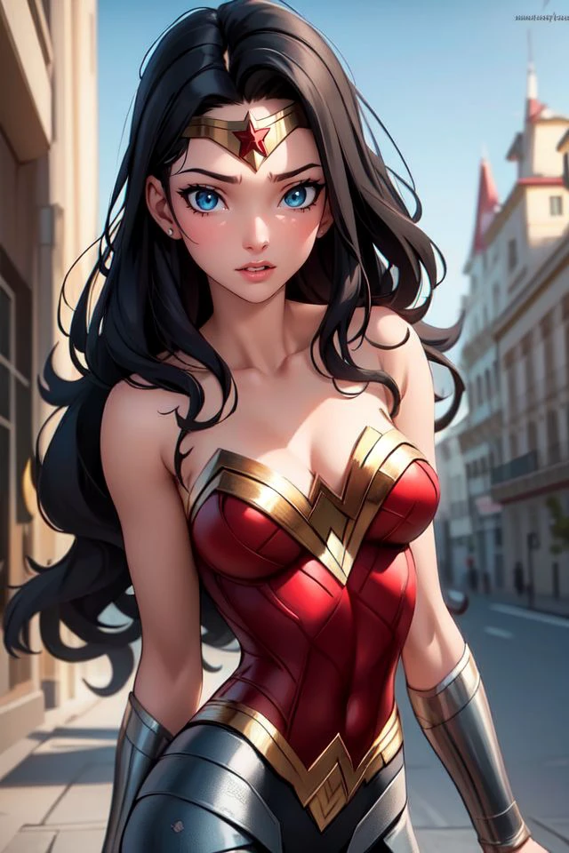 (best quality, masterpiece, colorful, dynamic angle, highest detailed), (photorealistic:1.2), raw photo,(Wonder Woman), upper body photo, fashion photography of cute black long hair girl (Wonder Woman), dressing high detailed Wonder Woman suit (high resolution textures), in dynamic pose, bokeh, (intricate details, hyperdetailed:1.15), detailed, moonlight passing through hair, perfect night, (fantasy background), (official art, extreme detailed, highest detailed), (photorealistic:1.2), raw photo,, HDR+, medium eyes, detailed eyes, expressive eyes <lora:designPixar_sd1.5_v2:1>, 3d, render 3d