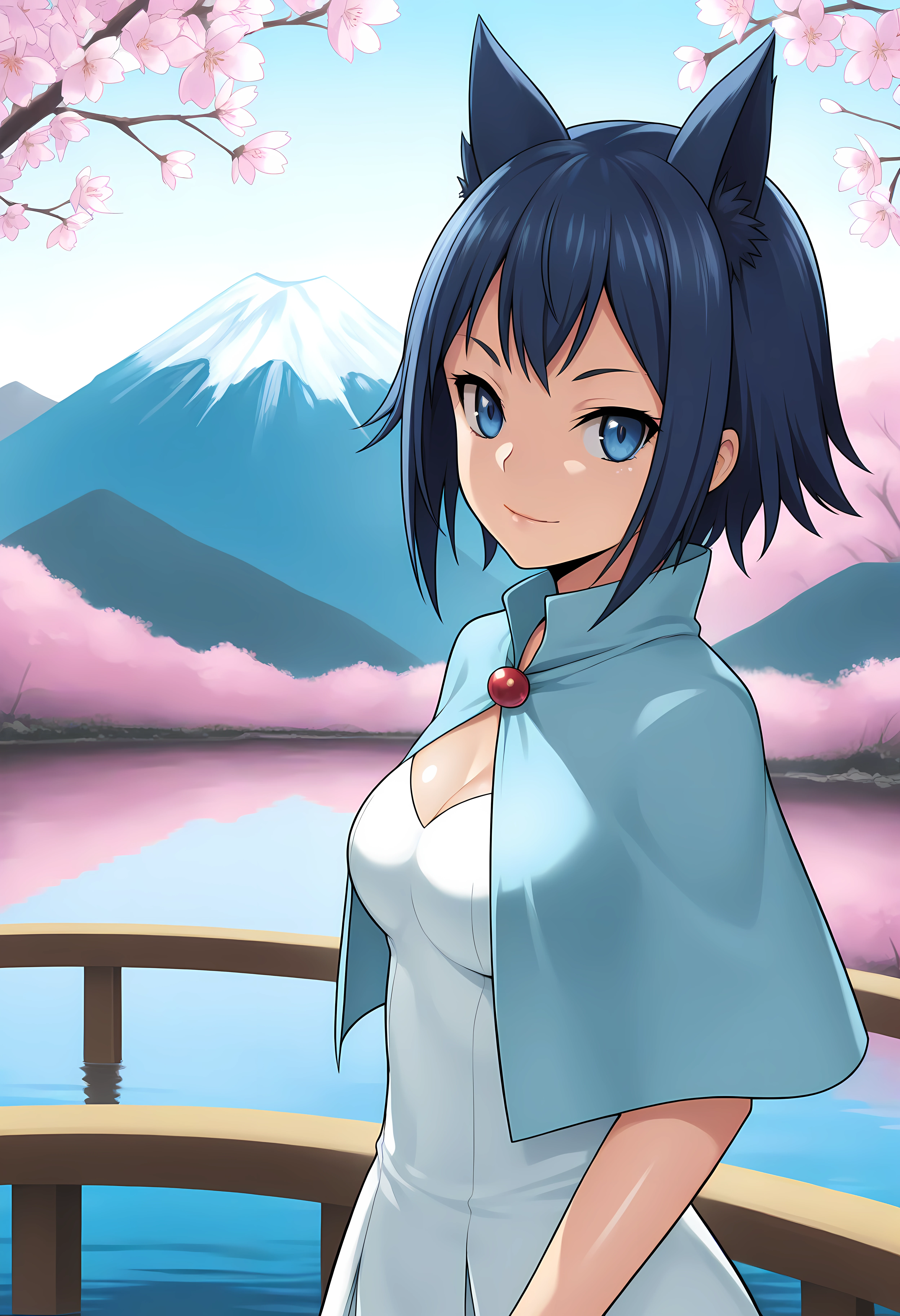 looking at viewer, shiny skin, upper body, light smile,ohwx, short_hair, blue_hair, 1girl, blue_eyes, breasts, black_hair, animal_ears, medium_breasts, long_hair, large_breasts,dress, capelet, white_dress, Calm lake with Mount Fuji reflected on the water, cherry blossoms along the shore, serene and peaceful,<lora:rin_rokudou_illustrious_sobsynapse-000002:1>