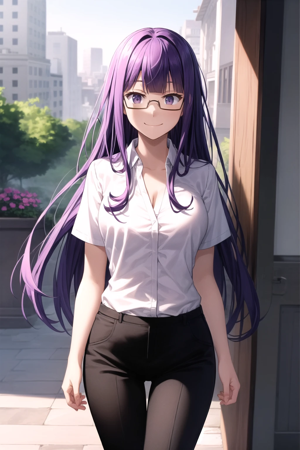 misaki_brynhildr, 1girl, solo, standing, cowboy shot, front_view, looking at viewer, city, park, walking, arms_at_sides, (closed mouth, smile:1.1), (purple hair, long hair:1.3), blunt bangs, (glasses:1.2), (large breasts:1.2), (medium breasts:1.2), (wide hips:1.2), (collared shirt, white shirt:1.3), short sleeves, (black shirt under white shirt:1.3), (black pants:1.2), thigh gap, illustration, intricate detail, masterpiece, best quality, best aesthetic, anime, ultra detailed