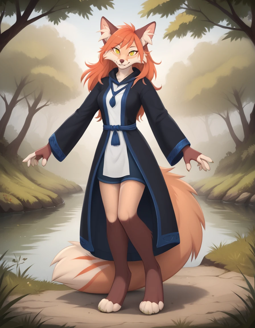 outdoors,detailed background,
Kiri,1girl,solo,animal ears,furry female,body fur,snout,animal nose,green eyes,tail,bangs,white fur,long hair,two-tone fur,orange hair,red hair,animal ear fluff,brown fur,fox ears,sidelocks,fox girl,yellow eyes,fox tail,
smile,parted lips,
full body,pose,
<lora:Kiri_v01_PDXL:1>,