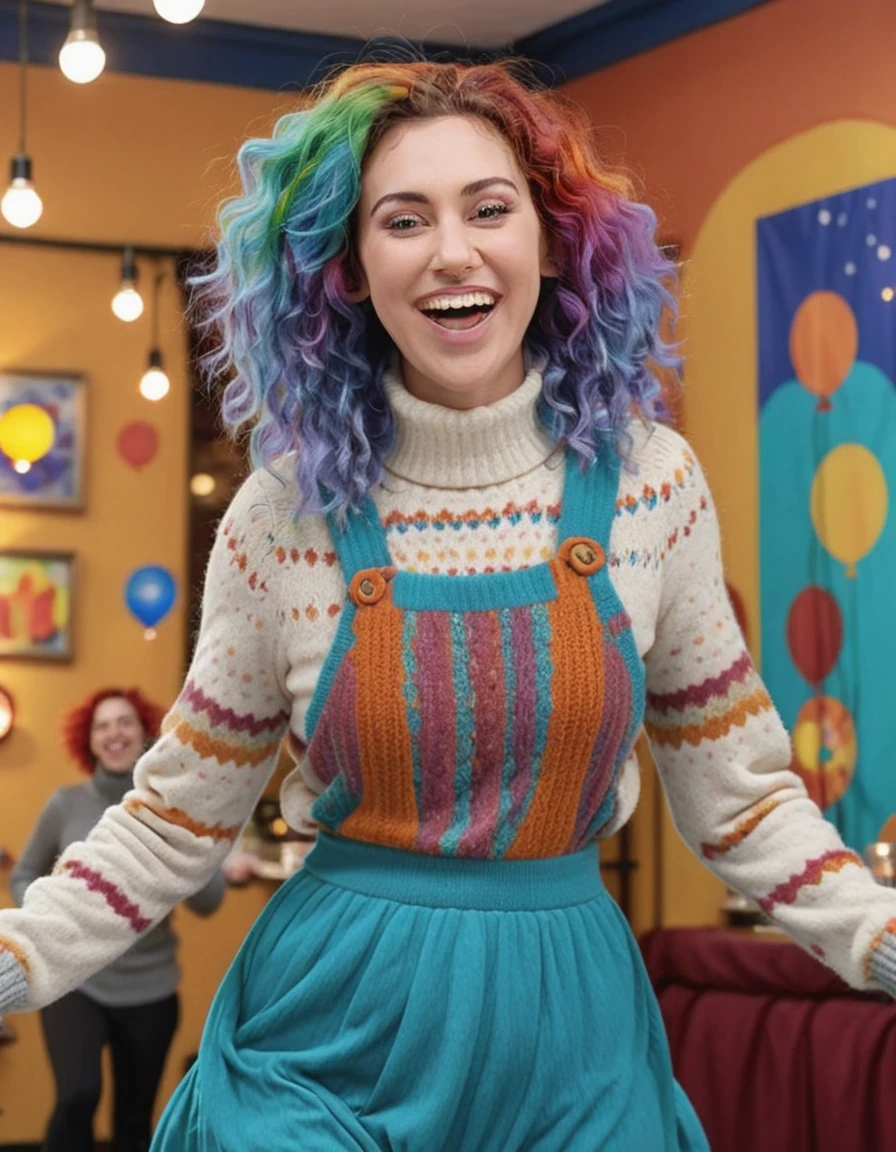 a professional face-focused absurdres intricately detailed photograph of the beautiful (solo:1.1) Leah_Voysey a smile and multi-colored hair,
wearing a fluffy turtleneck sweater with a long casual dress over yoga pants,
running around singing "Food tastes a little funny at the clown cafe",
 <lora:Leah_Voysey-SDXL:1>