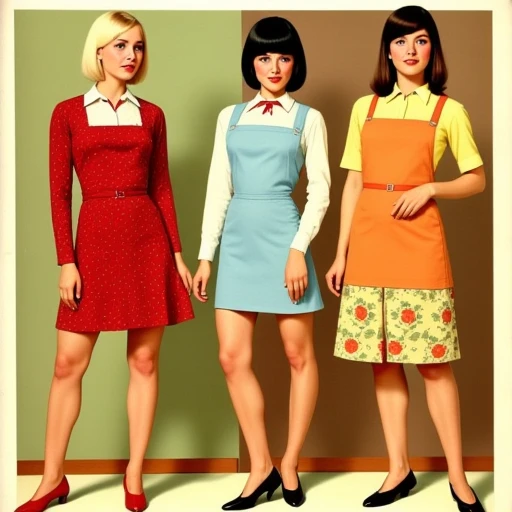 divided into three sections.  1. Top left: A woman with platinum blonde hair styled in a bob with bangs. She wears a white collared blouse under a floral-patterned cardigan. 2. Middle left: A brunette with a sleek bob and bangs. She wears a yellow, and short black hair styled in a bob. She is wearing light blue suspenders over a white blouse, This is a vintage-style advertisement featuring two women standing in a modest, red dress with a square neckline and matching apron, friendly expression. Her outfit includes black high-heeled shoes.   Both are standing on a beige and white tiled floor., almost ethereal expression. Her attire includes a red ribbon around her neck., dark hair frames her face.  The middle woman has a bob haircut styled in a straight line. She wears a bright orange apron over a cream dress and stands with a playful, " featuring three women standing indoors. The women are dressed in retro diner waitress attire, muted earth tones, floral-patterned skirt portion featuring shades of green and orange flowers, shoulder-length dark brown hair styled in a classic bob