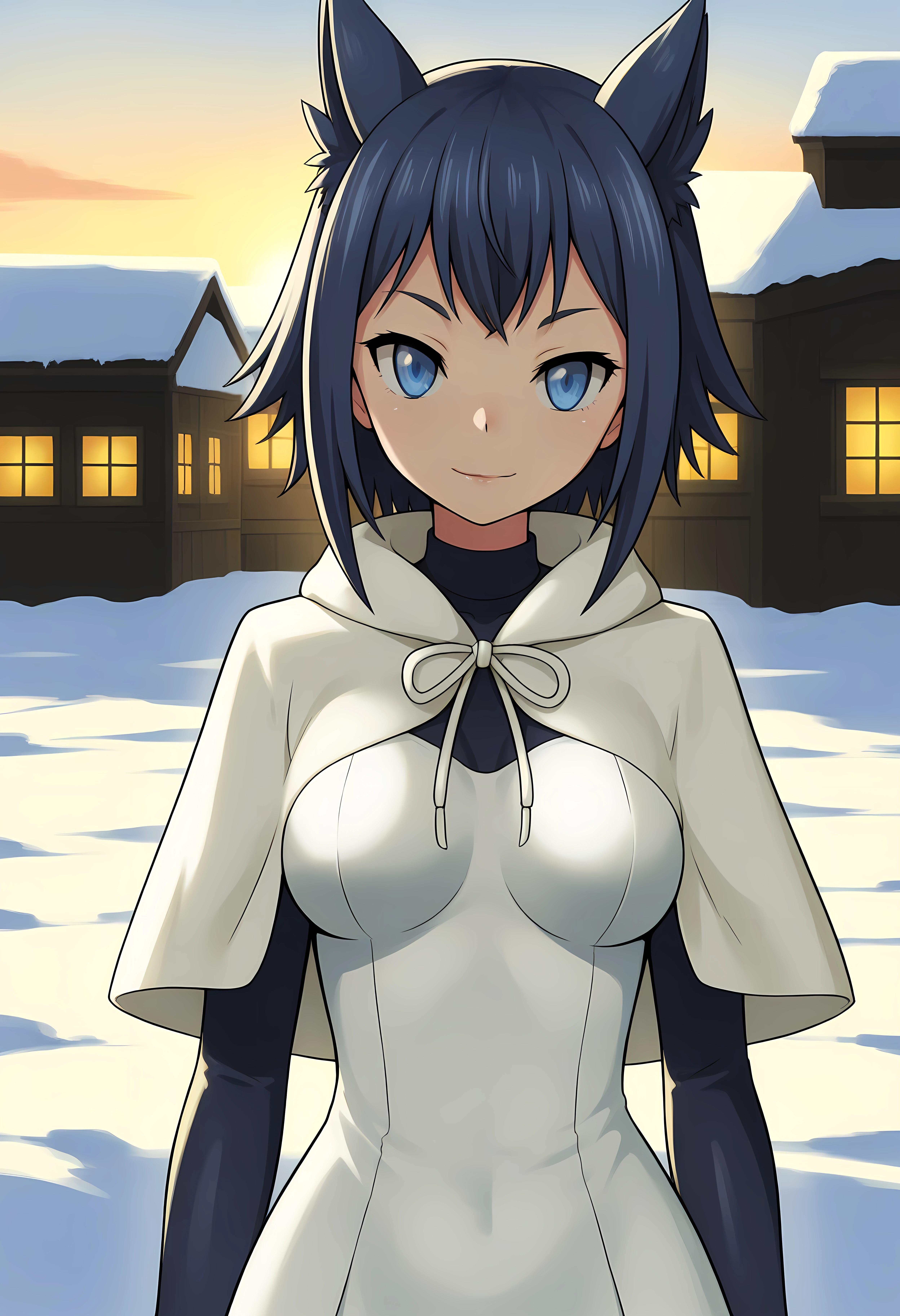 looking at viewer, shiny skin, upper body, light smile,ohwx, short_hair, blue_hair, 1girl, blue_eyes, breasts, black_hair, animal_ears, medium_breasts, long_hair, large_breasts,dress, capelet, white_dress, white_capelet, Quiet Japanese village in winter, snow-covered rooftops, warm light glowing from windows, peaceful and still,<lora:rin_rokudou_illustrious_sobsynapse-000002:1>