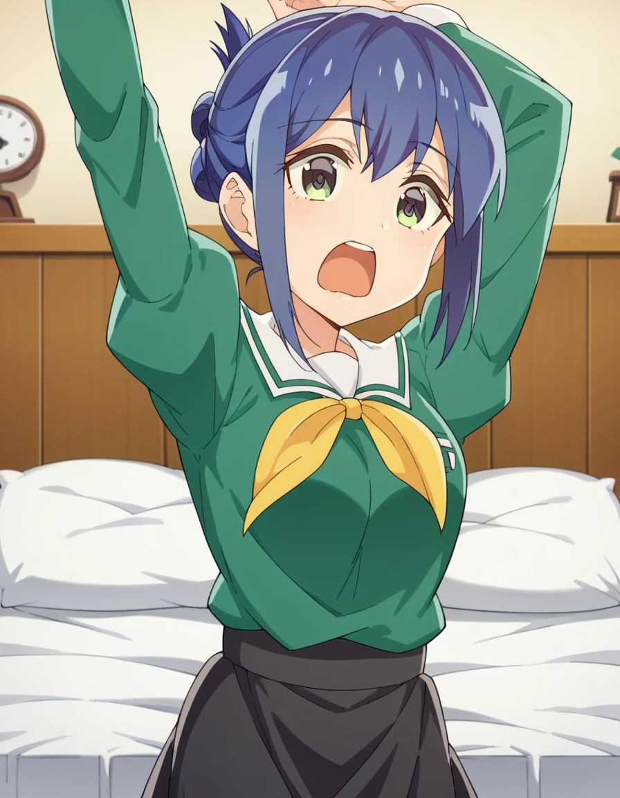 score_9, score_8_up, score_7_up, source_anime, <lora:kanoko-mamiya-s1-ponyxl-lora-nochekaiser:1>, kanoko mamiya, short hair, green eyes, blue hair, folded ponytail, sidelocks,, skirt, long sleeves, school uniform, puffy sleeves, neckerchief, green shirt, black skirt,, bedroom, alarm clock, morning routine, yawning, stretching, on bed, , on back, arm support, arms up, incoming hug, pov, reaching, reaching towards viewer,, looking at viewer, solo,, dutch angle, cowboy shot