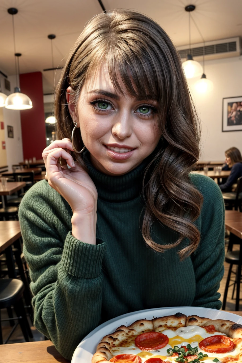 masterpiece, high resolution, cinematic, absurdres, photorealistic, realistic. portrait, rlyrd, Riley Reid, <lora:riley_reid_LoRA_0.1-000006:1>, erotic smile, wavy long __natural-haircolors__ hair, wearing a __colours__ turtle-neck jumper, at a pizzeria in Rome, eating pizza, dinner with rlyrd. <lora:lora_perfecteyes_v1_from_v1_160:0.6>, green eyes, photo of perfecteyes eyes, perfecteyes eyes. perfect hands, detailed hands. <lora:more_details:0.4>