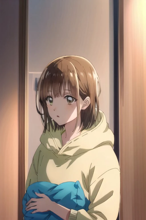 (masterpiece),kano chinatsu, brown eyes, brown hair, short hair, 1girl, solo, indoors, pillow, hood, holding, hoodie, door, parted lips