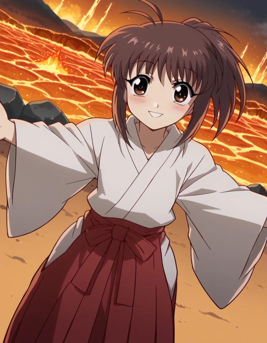 score_9, score_8_up, score_7_up, source_anime, <lora:kaoruko-sumireko-ichijou-s1-ponyxl-lora-nochekaiser:1>, kaoruko sumireko ichijou, brown hair, brown eyes, ponytail,, skirt, long sleeves, japanese clothes, hakama, hakama skirt, miko, red hakama,, volcano, lava, rock, fire, smoke, smile, <lora:incoming-hug-ponyxl-lora-nochekaiser:1>, incoming hug, looking at viewer, reaching, reacing towards viewer, outstretched arms,, bedroom, smile, blush, parted lips, looking at viewer, solo,, dutch angle, cowboy shot