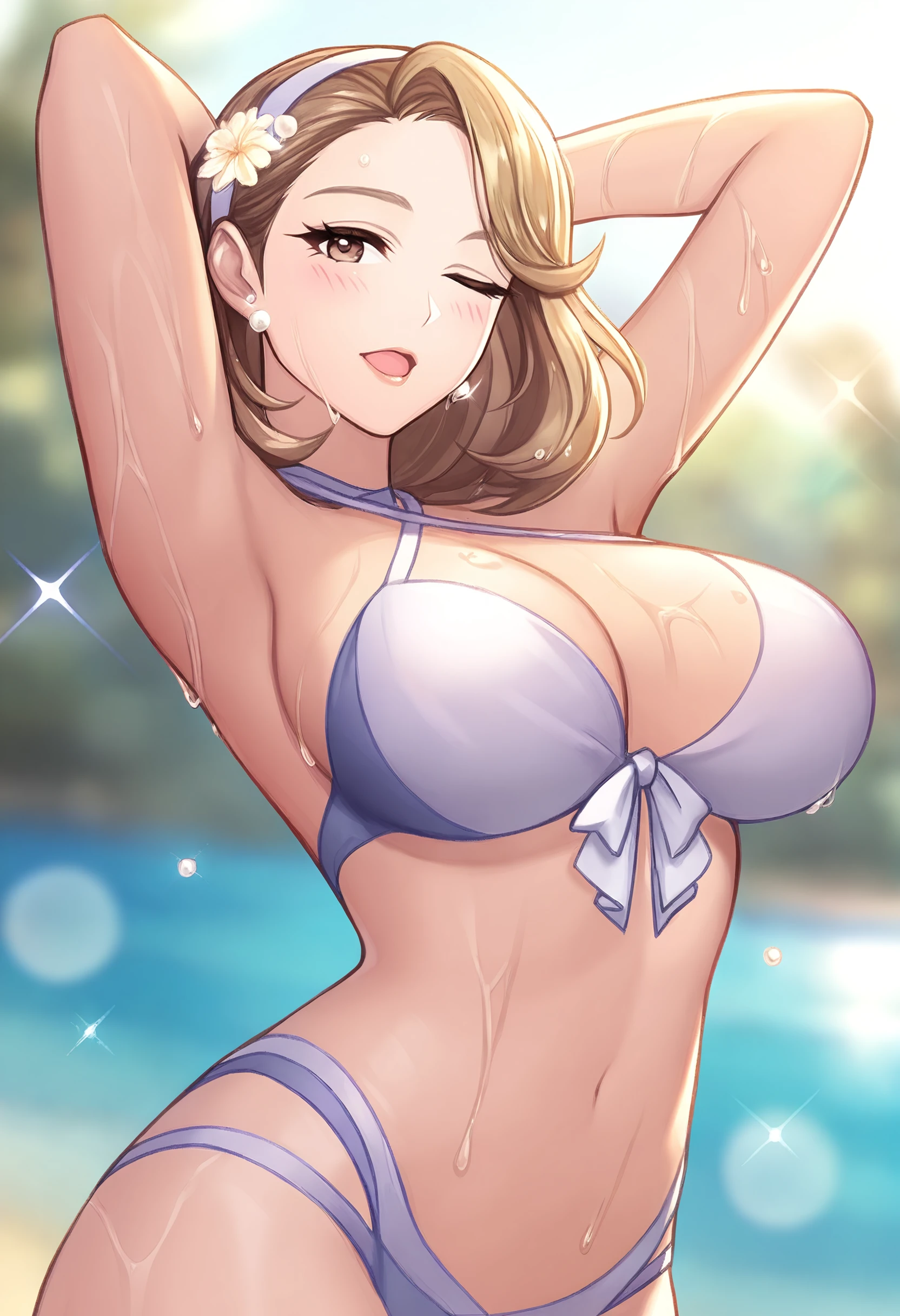 masterpiece, best quality, mature female, solo, swept bangs, forehead, (hairband;1.2), hair behind ear, medium hair, arched back, arms behind head, hips, thighs, multi-strapped swimsuit, front-tie top, armpits, one eye closed, wet skin, dripping, droplet, glint, lens flare, open mouth, lips,  [brown hair|blonde hair], criss-cross halter, flower ornament, presenting breasts, large brasts, navel, (head tilt:0.75), beach, pearl earrings, blush, eyelashes, bokeh, blurry background, dutch angle, looking at viewer, soft focus, wet, front view, <lora:kingsstyle-illu-beta2-25:1.0>