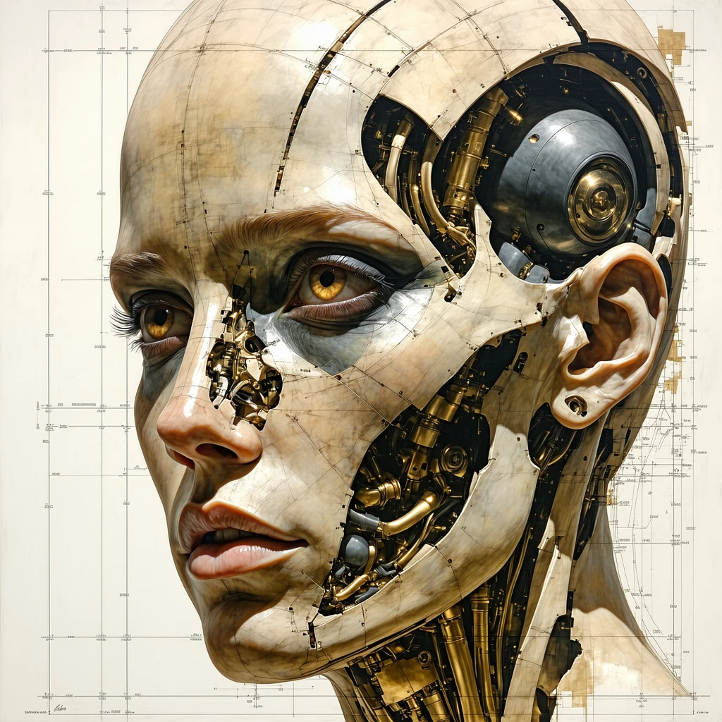 Da Vinci, Female Head (La Scapigliata) - Oil Painting, sf, intricate artwork masterpiece, ominous, matte painting movie poster, golden ratio, trending on cgsociety, intricate, epic, trending on artstation, by artgerm, h. r. giger and beksinski, highly detailed, vibrant, production cinematic character render, ultra high quality model, Biomech, ink drawing, anatomical, Da_Vinci, vitruvian