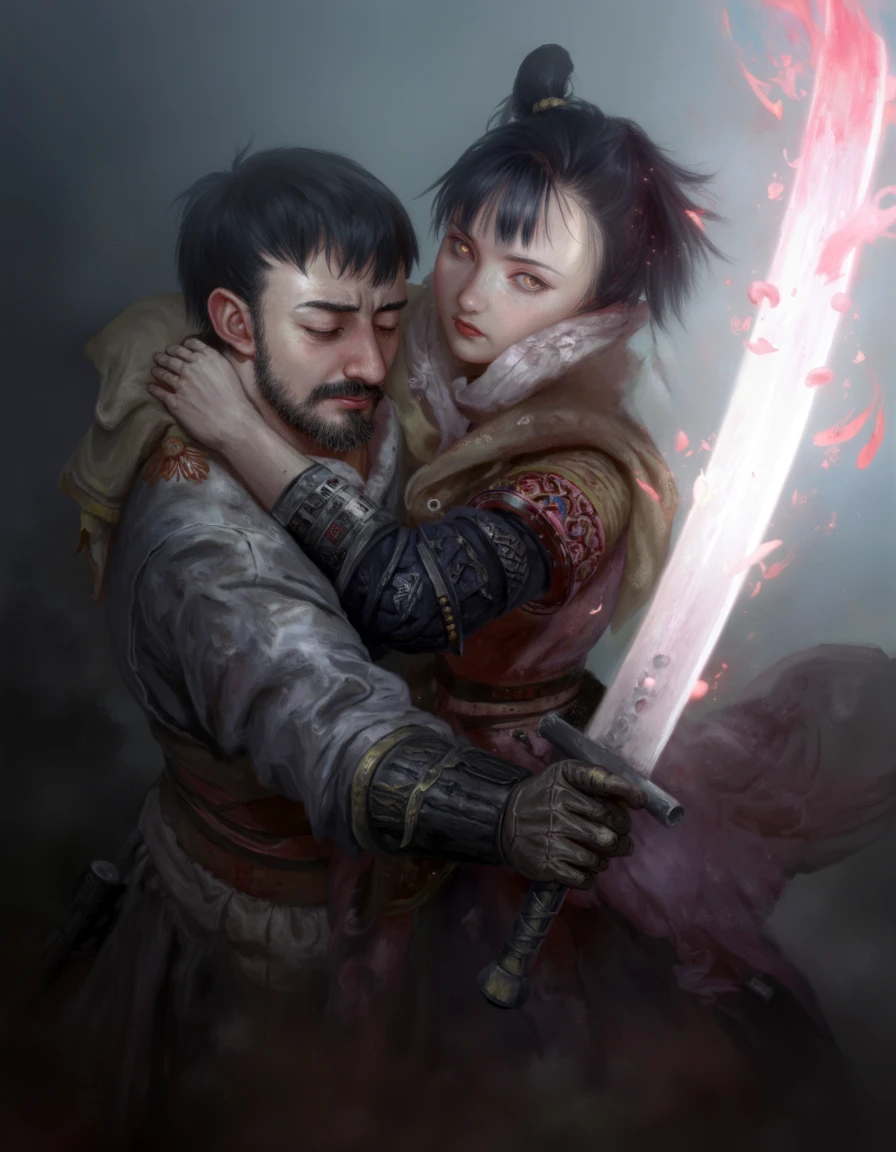 ruaj, man and woman, samurai, white hot sword emanating red black smoke, embers, the man has his arm around the woman with his hair tied back, the woman has short hair, foggy dark background