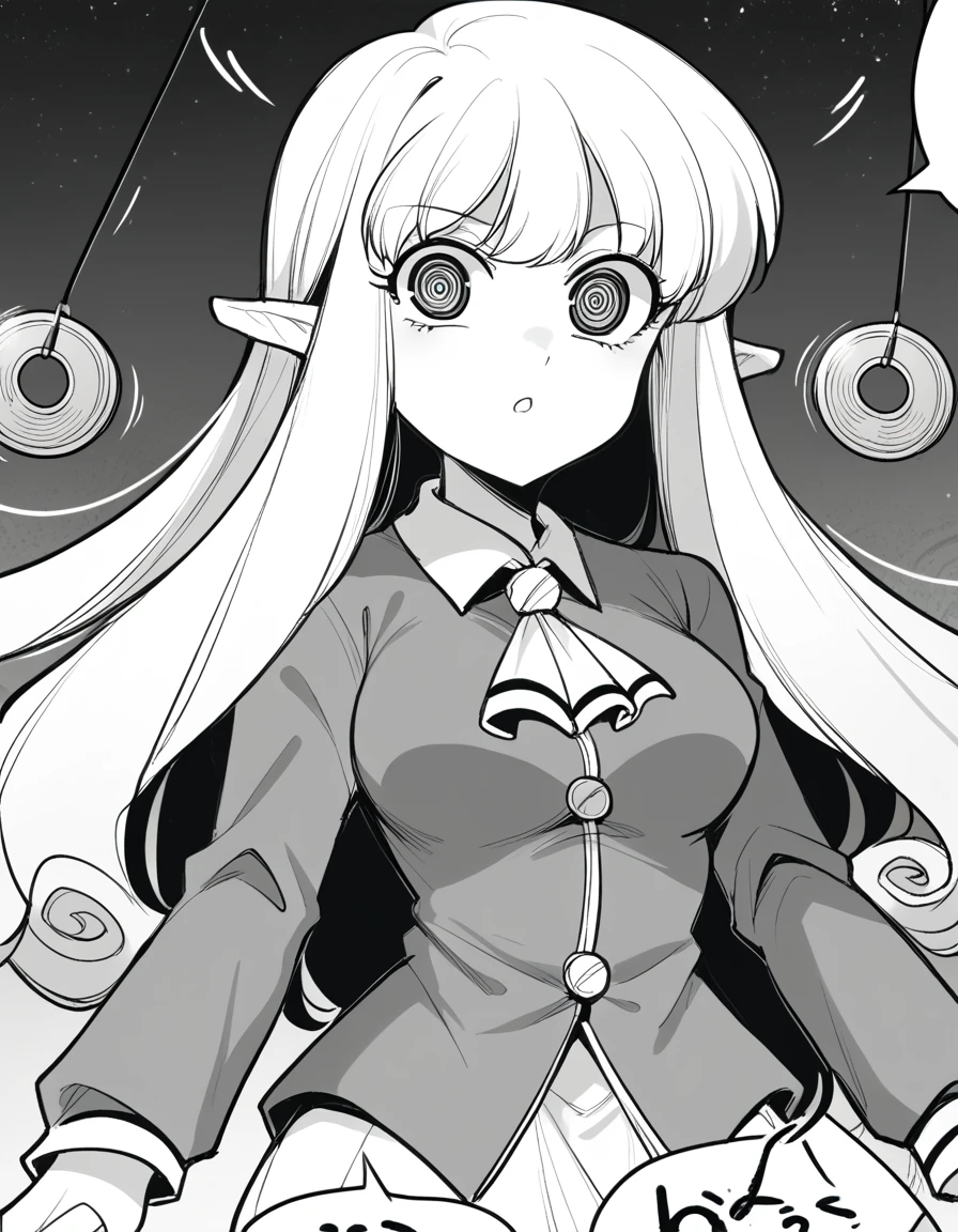 score_9, score_8_up, score_7_up, source_anime, <lora:cheong-manhwa-ponyxl-lora-nochekaiser:1>, cheong, long hair, bangs, pointy ears, curly hair, monochrome, greyscale, medium breasts,, skirt, shirt, thighhighs, jacket, zettai ryouiki, ascot, collar, long sleeves,, arcade, games, lights, fun, retro, , <lora:pendulum-ponyxl-lora-nochekaiser:1>, pendulum, holed coin, coin on string, hypnosis, mind control, coin, @ @,, looking at viewer, solo,, dutch angle, cowboy shot