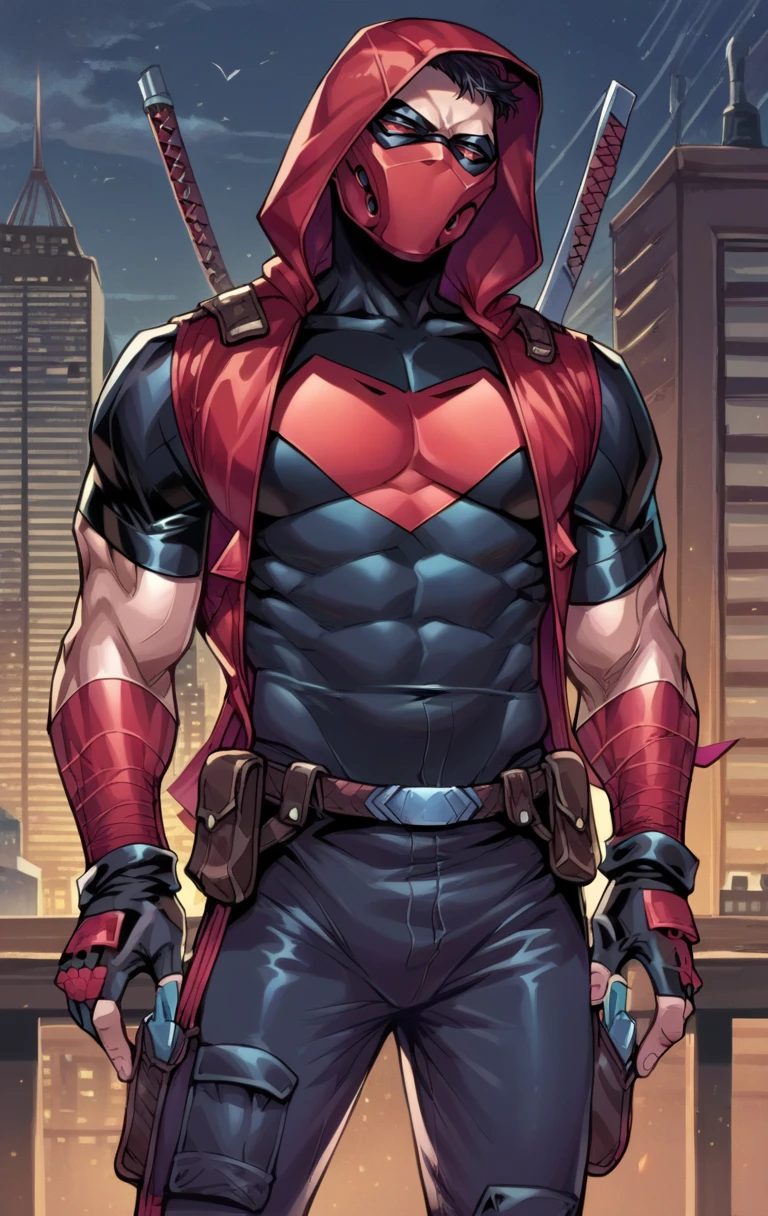 score_9,score_8_up,score_7_up BREAK <lora:RedHoodOutlaw:1>, RedHoodOutlawSDXL, solo, shirt, gloves, 1boy, jacket, male focus, black gloves, belt, pants, hood, fingerless gloves, bodysuit, mask, muscular, pectorals, muscular male, hood up, pouch, superhero, weapon on back, city,