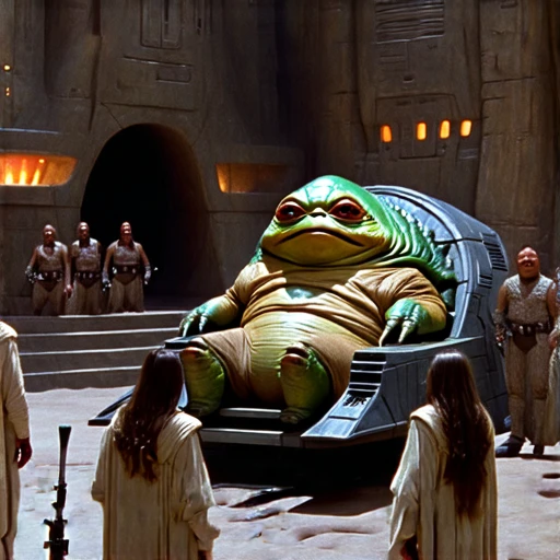 Jabba's throne room from the 'Star Wars' movie universe, a busy scene depicting various alien races from the Star Wars universe, conducting their business and leisure in the court of Jabba the Hutt. Jabba lies on his hover sledge throne at the front of the room, while musicians and scantily-clad human and twilek females dancers look down through an open hearing in the floor in horror and fascinating as Princess Leia, after being cast down into the pit below by Jabba, and dressed in her revealing slave girl bikini costume, is devoured by the mighty Rancor beast, Leia screams as the beast tears off her bikini and sinks it's teeth into her supple flesh.