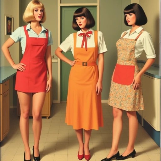 divided into three sections.  1. Top left: A woman with platinum blonde hair styled in a bob with bangs. She wears a white collared blouse under a floral-patterned cardigan. 2. Middle left: A brunette with a sleek bob and bangs. She wears a yellow, and short black hair styled in a bob. She is wearing light blue suspenders over a white blouse, This is a vintage-style advertisement featuring two women standing in a modest, red dress with a square neckline and matching apron, friendly expression. Her outfit includes black high-heeled shoes.   Both are standing on a beige and white tiled floor., almost ethereal expression. Her attire includes a red ribbon around her neck., dark hair frames her face.  The middle woman has a bob haircut styled in a straight line. She wears a bright orange apron over a cream dress and stands with a playful, " featuring three women standing indoors. The women are dressed in retro diner waitress attire, muted earth tones, floral-patterned skirt portion featuring shades of green and orange flowers, shoulder-length dark brown hair styled in a classic bob