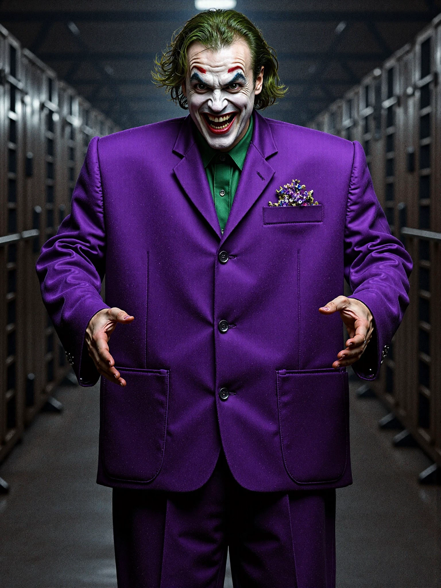 TalkingHeadsSuit The Joker in an oversized purple suit, standing in Arkham Asylum, manically laughing, arms up, Batman character, cinematic, dramatic lighting, large suit, 