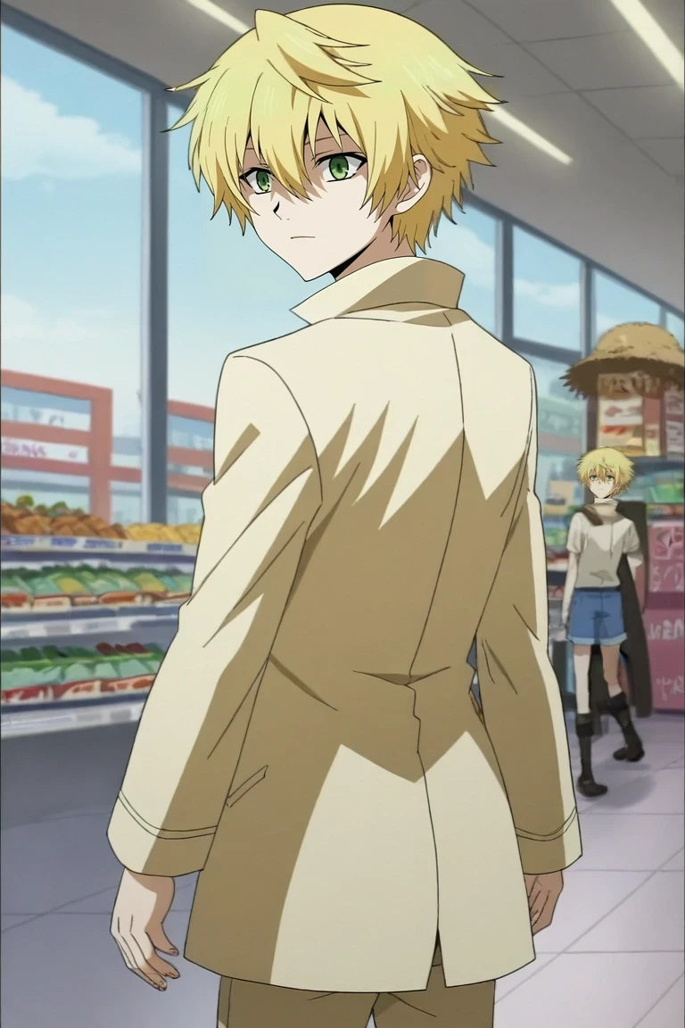 score_9, score_8_up, score_7_up, source_anime, rating_safe, , anime screencap, anime coloring, , , , 1boy, solo, male focus, <lora:oz_vessalius_pony:0.94>, oz_vessalius, blonde hair, green eyes, short hair, hair between eyes, wide angle, wide shot, cowboy shot, shopping mall, stores, signs, light, ass, seductive smile, pea coat, straw hat, <lora:sdxl_lightning_8step_lora:1>