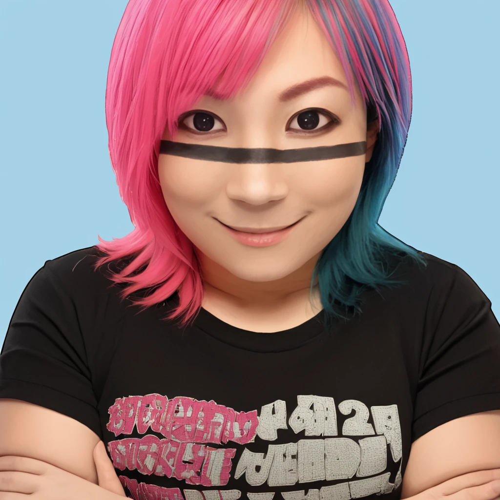 masterpiece, best quality,  <lora:Pony_Asuka_-_WWE_Superstar:1>, @suk@, 1girl, solo, multicolored hair, pink hair, realistic, linefacepaint, upper body, t-shirt, blue hair, crossed arms, elbow gloves, two-tone hair, looking at viewer, medium hair, smile, blue background, simple background