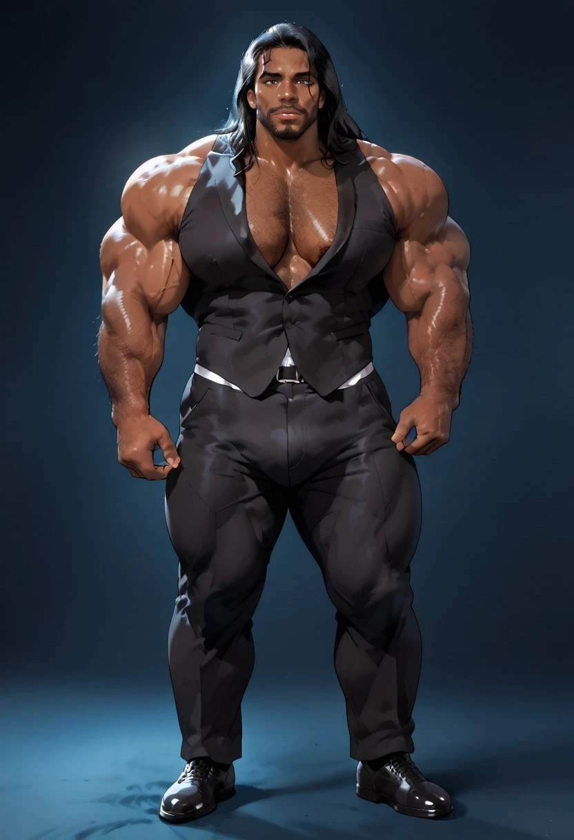 (best quality,realistic:1.37),NTR character,muscular black man,tall,bbc,dominating presence,confident stance,enigmatic expression,dark,moody lighting,dramatic shadows,extraordinary physique,rippling muscles,mesmerizing eyes,facial hair,sculpted jawline,stubble,stylish clothing,exquisite attention to detail,texture,personal style,inked skin,piercing gaze,sharp features,stern expression,subtle smile,mysterious aura,provocative atmosphere,seductive charm,powerful physique,imposing figure,focused intensity,wearing a tailored suit and tie,standing in a dimly lit room,backdrop of cityscape at night,stormy weather,tense atmosphere,vivid colors,contrasting lights and shadows,impressive physicality,striking poses,posing with confidence,assertive body language,dominant presence,exuding strength and authority,deep and soulful eyes,engaging viewer's attention,metaphorical storytelling,implied narrative,subtle and intriguing storytelling,fascinating composition,rich and evocative mood,artistic and powerful representation,creating a captivating scene full of tension and emotions, (full body showcase), (show full body), (no logos on background), (no logo), ((plain background)), ((plain background)), (((empty background))).