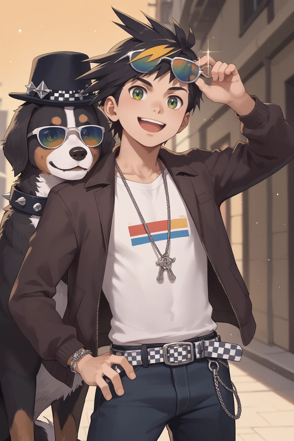 score_9, score_8_up, score_7_up, score_6_up, score_5_up,score_4_up , 
kouki, black hair, green eyes, 1boy, male focus, solo, sunglasses, smile, open mouth, shirt, pants, teeth, brown jacket, white shirt,belt, spiked hair, short hair, jewelry, upper teeth only, :d, sparkle, open jacket, multicolored hair, long sleeves, open clothes, dog, sirius, animal, fedora, clothed