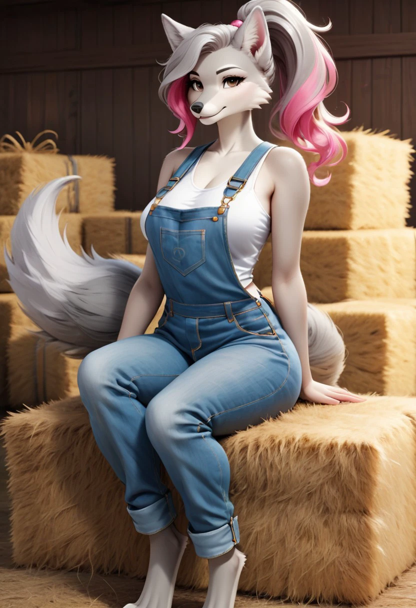 score_6_up, 1girl, solo,_female, furry grey fox girl, tall, attractive, light brown eyes, grey & white body, long grey hair pink highlights side swept, ponytail, grey bushy tail, medium breast, wearing white tanktop, denim overalls, sitting on a hay bale looking at viewer