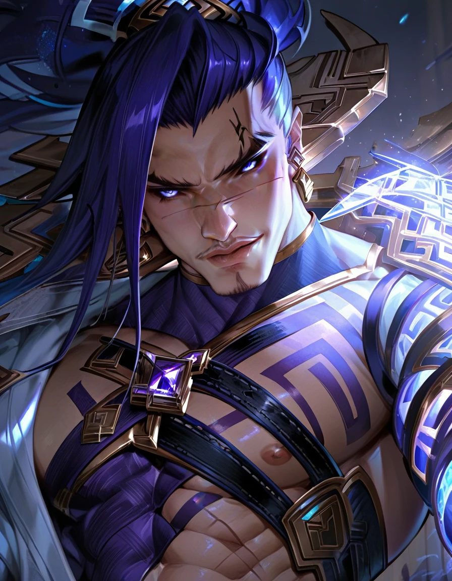 masterpiece, best quality, ultra high res, (dark art:1.3), deep shadow, dark theme, photo of djinn possessed dreadheaded tan boy with blue glowing eyes with painted sigils seals and hieroglyphics painted allover body, skeletal bone Raven perched on the boy's shoulder, inspired by Shin Megami Tensei Nocturne