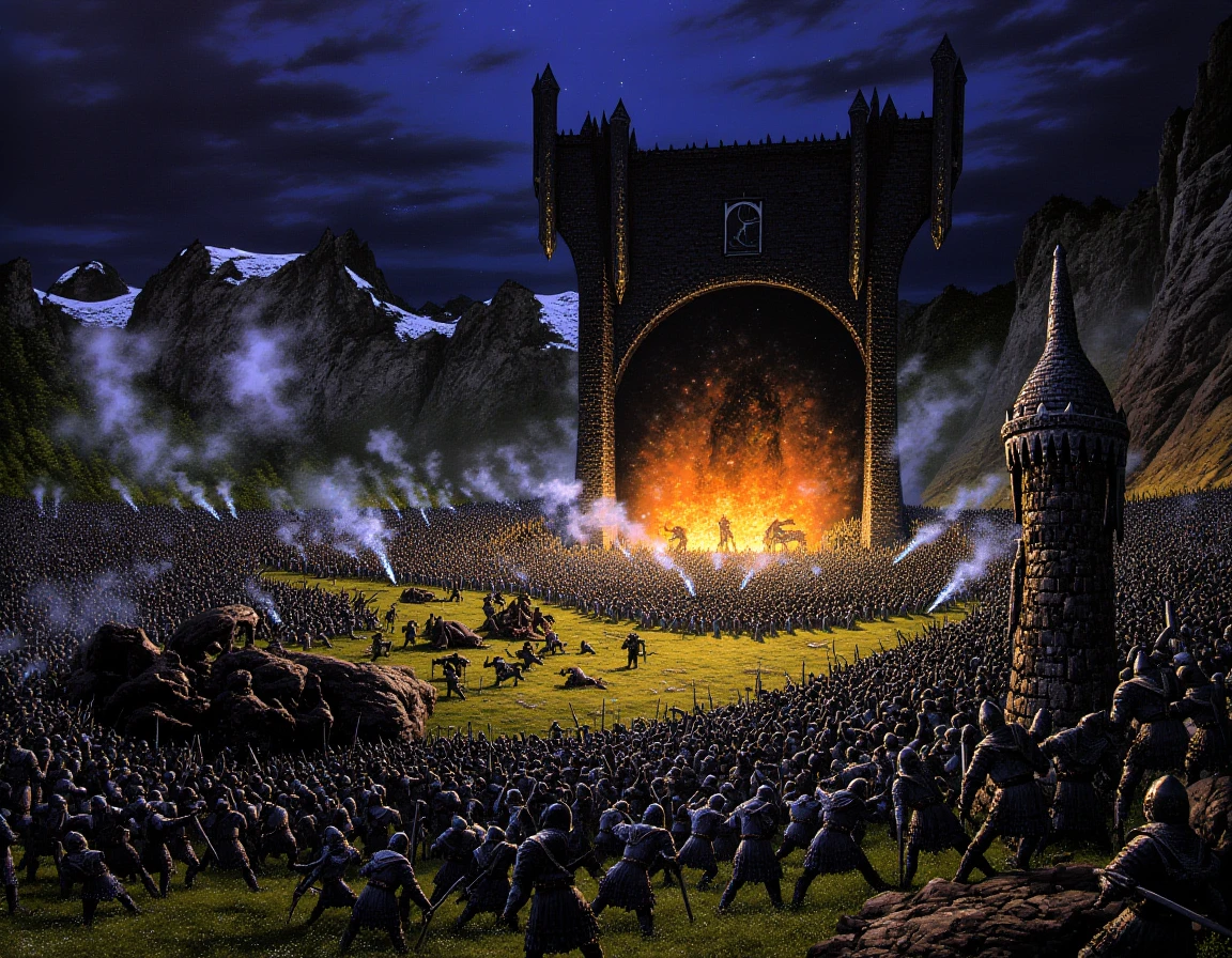 a painting of  The Last Alliance of Elves and Men clashes against Sauron's forces before the Black Gates of Mordor, where gleaming elven armor meets crude orcish iron in a thunderous collision. Gil-galad's spear Aeglos flashes like lightning through the ranks of the enemy, while Elendil's sword Narsil blazes with reflected firelight. The very ground trembles beneath the feet of countless warriors as the Dark Lord himself emerges from his fortress.
<lora:TedNasmith_MiddleEarth-flux-v1:1.25>