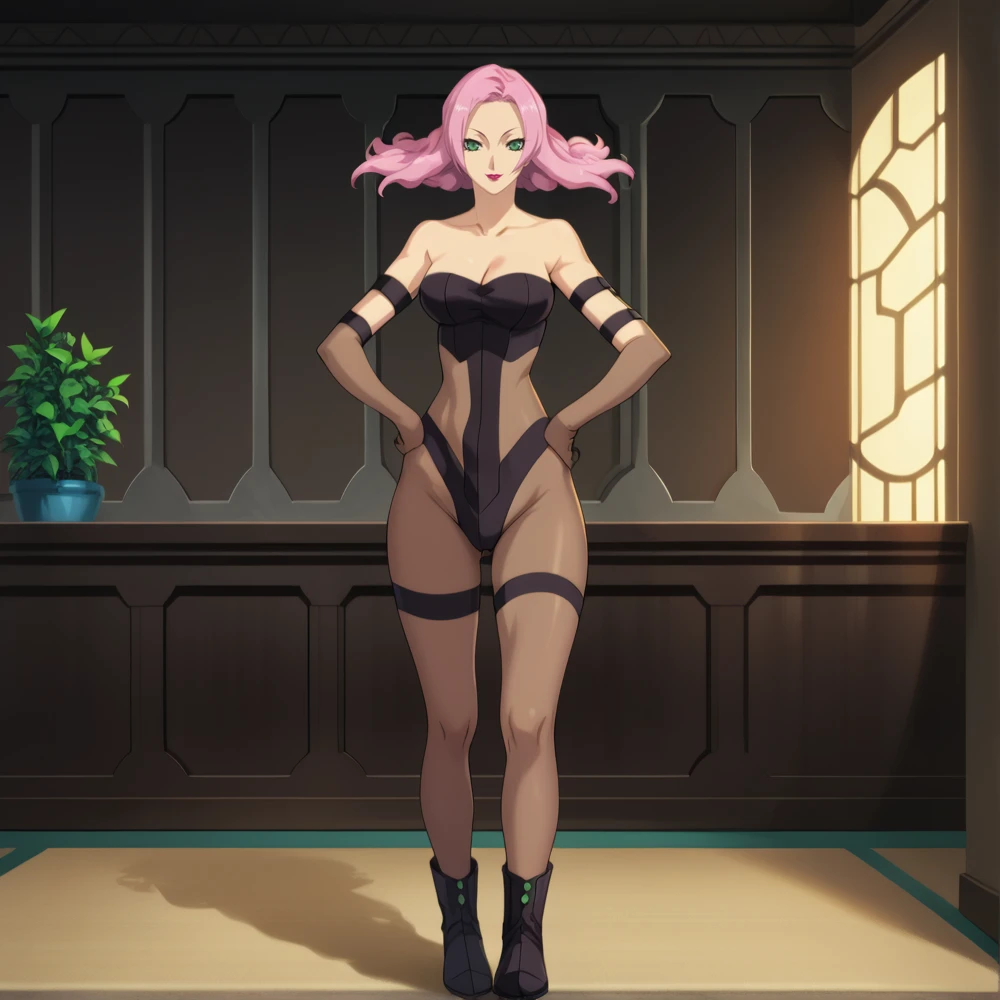 score_9, score_8_up,  source anime, ((hyper realistic)), (full body view), masterpiece, ultra detailed, vibrant, (indoors :1.3), 1 woman, (solo:1.2), mature female, Mexiah, mexiah floaty hair, pink hair, green eyes, hot-pink lips, mexiah pilotsuit, bare shoulders, collarbone, cleavage, leotard, armband, legband, elbow gloves, boots, tall, slender,  full body shot, looking  at viewer, standing, hands on hips, flirty, smile,  (perfect hands:1.2),  <lora:StS_detail_slider_release_two_v3:1>     <lora:Mexiah:1>