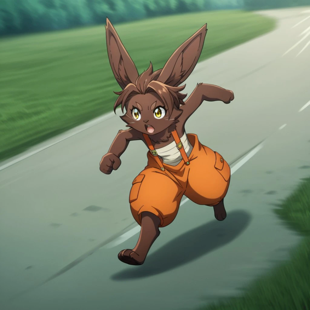 score_9, score_8_up, score_7_up, score_6_up, score_5_up, score_4_up, source_furry, Bilacslf, semi-anthro ,female, rabbit, brown fur, gold eyes, orange overalls, sarashi, running, outside, <lora:46eeec78-547f-4c56-b17b-d39f8b8f60a3:0.7>