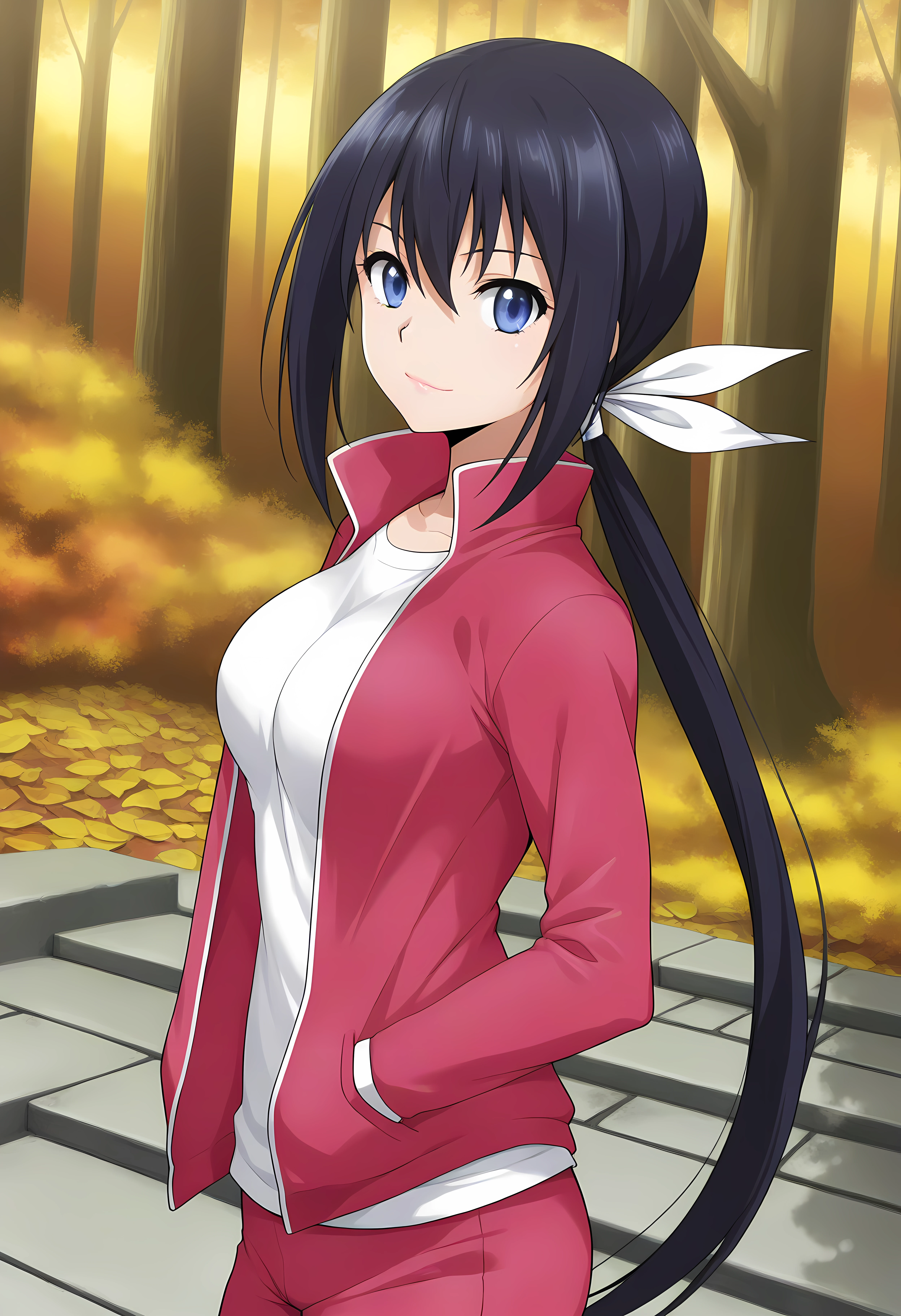 looking at viewer, shiny skin, upper body, light smile,ohwx, black_hair, 1girl, long_hair, ponytail, ribbon, blue_eyes, hair_ribbon, breasts, purple_eyes, low_ponytail, hair_between_eyes,jacket, track_jacket, track_suit, pants, shirt, track_pants, white_shirt, open_clothes, open_jacket, Old Japanese stone steps in a dense forest, autumn leaves scattered, mysterious and ancient ambiance,<lora:nozomi_kaminashi_illustrious_sobsynapse-000002:1>