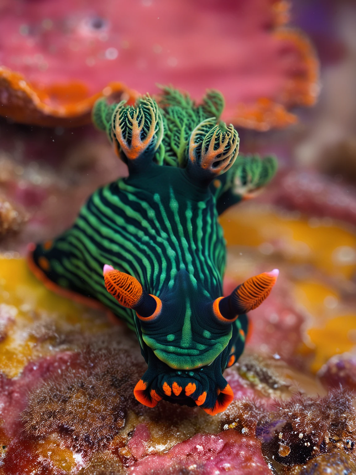 underwater close-up photo of a nembrotha kubaryana, macro photography, light particles, coralline algae, marl
BREAK
intricate detail, vibrant colors