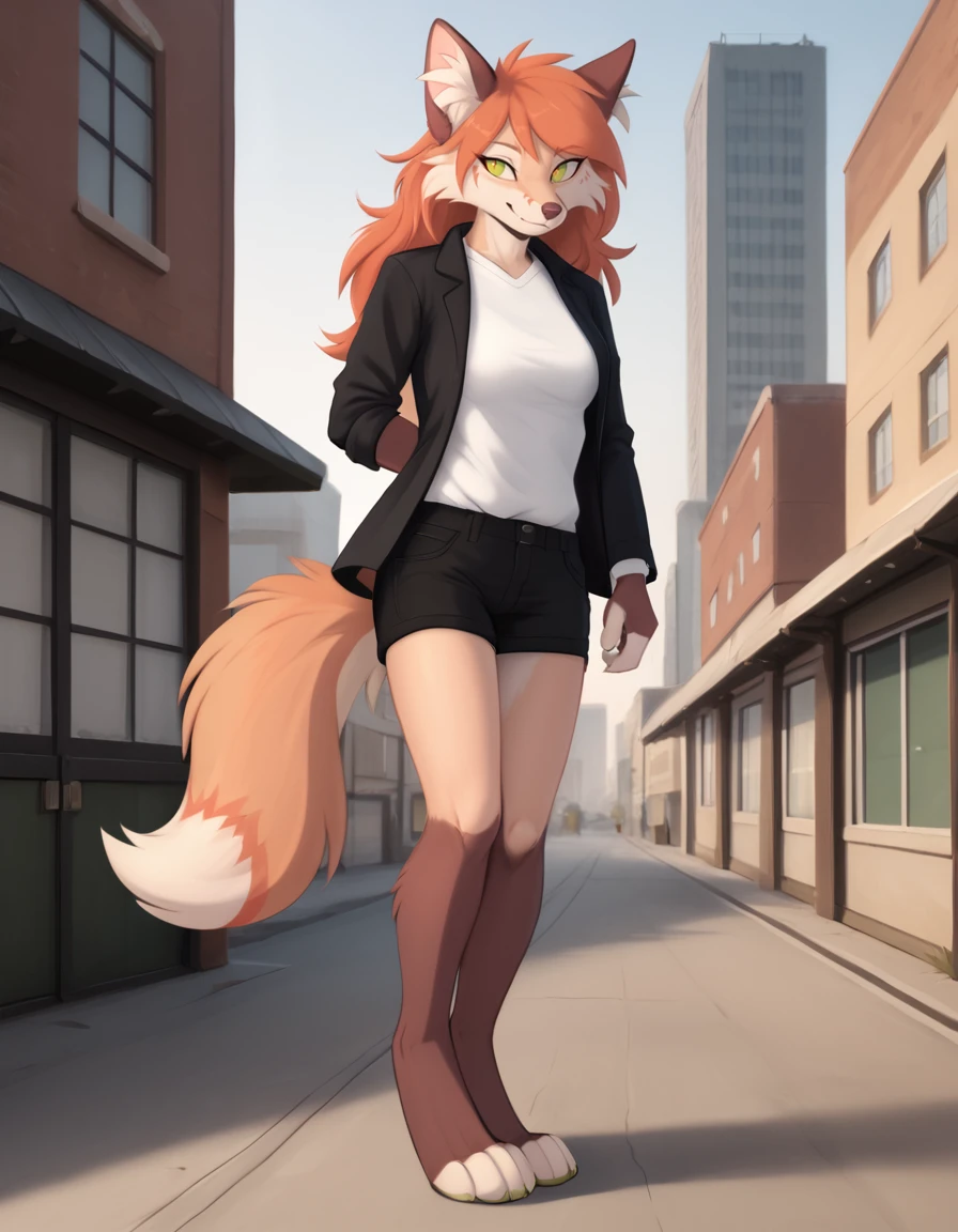 outdoors,detailed background,city, 
Kiri,1girl,solo,animal ears,furry female,body fur,snout,animal nose,green eyes,tail,bangs,white fur,long hair,two-tone fur,orange hair,red hair,animal ear fluff,brown fur,fox ears,sidelocks,fox girl,yellow eyes,fox tail,
smile,happy,
full body,pose,
business casual, 
<lora:Kiri_v01_PDXL:1>,