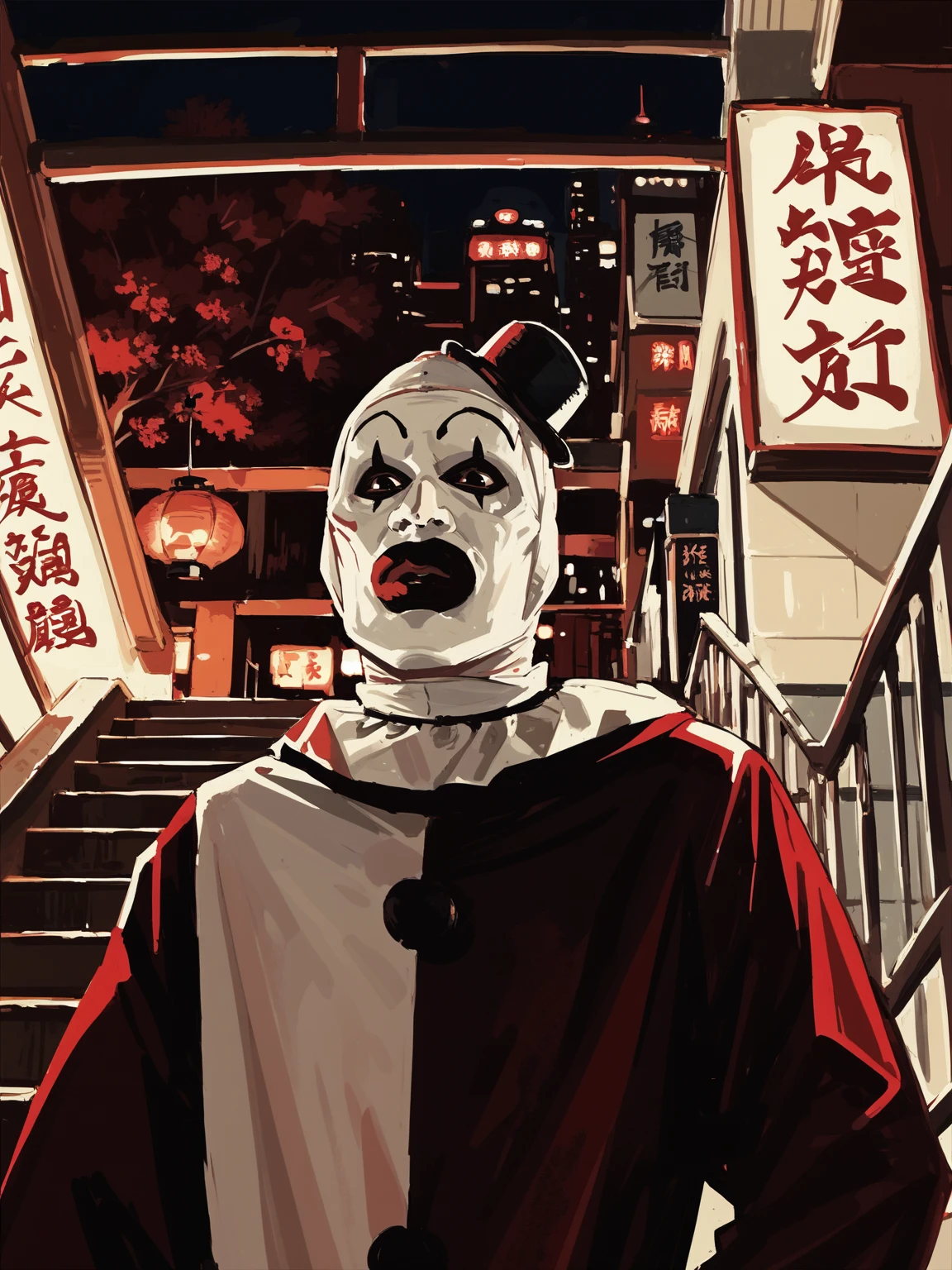 <lora:ArtTheClownN:0.8>, art_costume, art_the_clown, <lora:art_the_clown:0.35>, black eyes, male focus,
stairs, chinese interior, outdoors, red wood, japanese lantern, solo, city, loaded interior, upper body, red theme, night, from below, closed mouth, expressionless,
, 5_fingers, <lora:MandradjievRassstrovV2:0.8>, zPDXL3