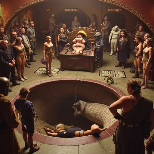 Jabba's throne room from the 'Star Wars' movie universe, a busy scene depicting various alien races from the Star Wars universe, conducting their business and leisure in the court of Jabba the Hutt. Jabba lies on his hover sledge throne at the front of the room, while musicians and scantily-clad human and twilek females dancers look down through an open hearing in the floor in horror and fascinating as Princess Leia, after being cast down into the pit below by Jabba, and dressed in her revealing slave girl bikini costume, is devoured by the mighty Rancor beast, Leia screams as the beast tears off her bikini and sinks it's teeth into her supple flesh.