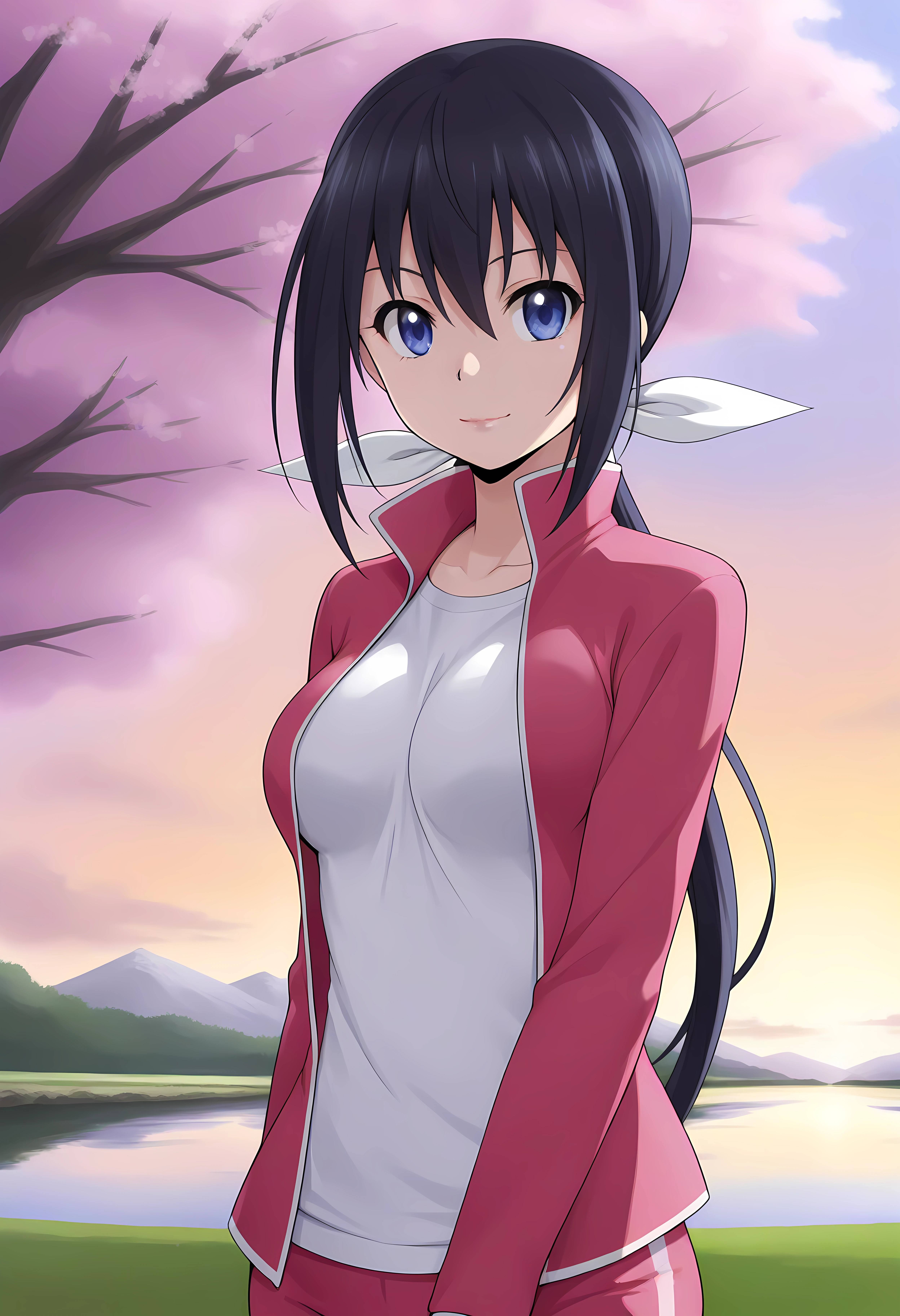 looking at viewer, shiny skin, upper body, light smile,ohwx, black_hair, 1girl, long_hair, ponytail, ribbon, blue_eyes, hair_ribbon, breasts, purple_eyes, low_ponytail, hair_between_eyes,jacket, track_jacket, track_suit, pants, shirt, track_pants, white_shirt, open_clothes, open_jacket, Japanese lake at sunrise, soft mist, cherry blossoms on the shore, peaceful and serene atmosphere,<lora:nozomi_kaminashi_illustrious_sobsynapse-000002:1>