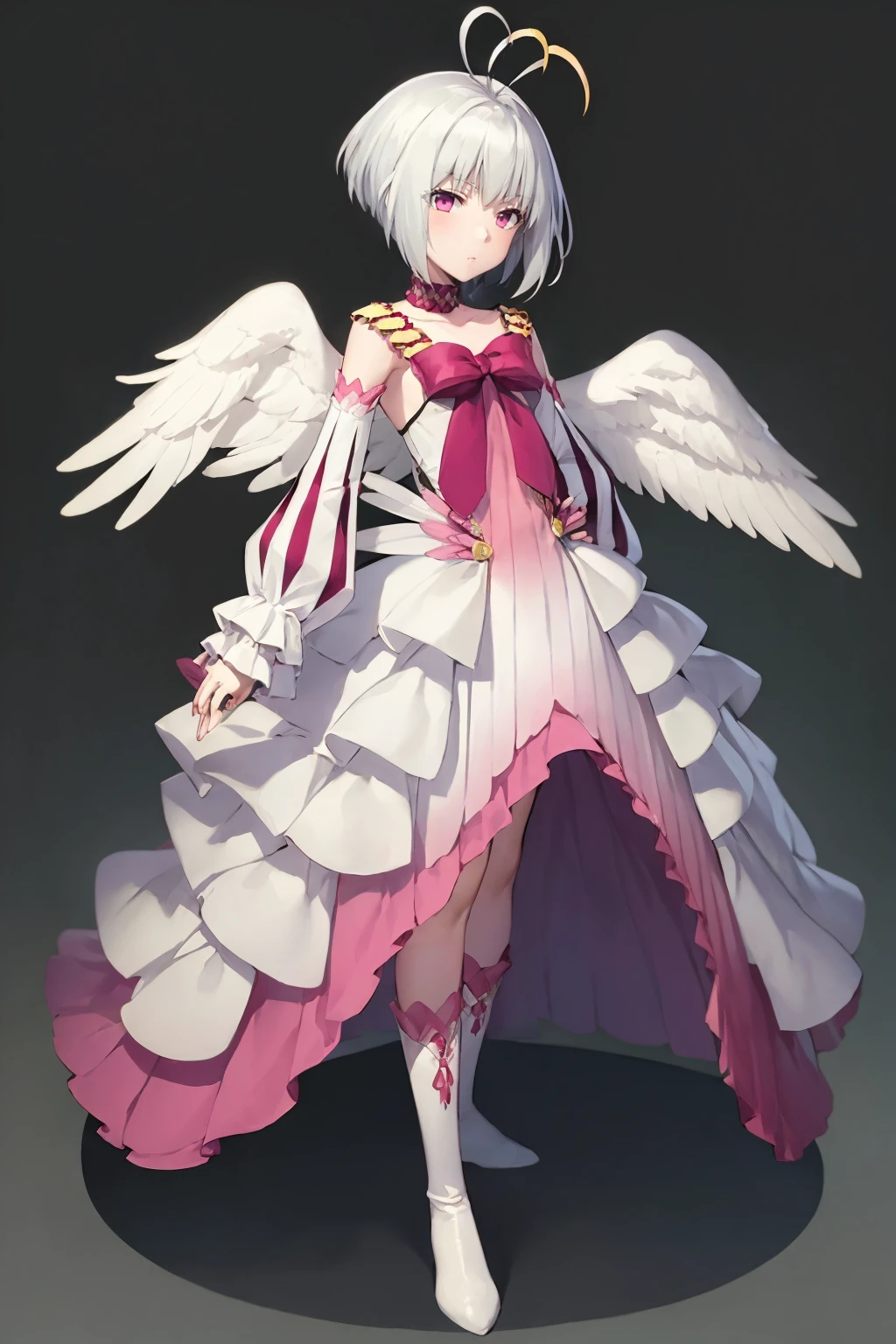 masterpiece, best quality,
1girl,  fitoria, ahoge, white hair,  pink eyes, short hair, 
angel wings, feathered wings, 
bow, choker, detached sleeves, dress, frills, long sleeves, puffy sleeves, boots,
hands on hips, full body, solo, looking at viewer, simple background, solid grey background    <lora:Fitoria_byKonan:1>