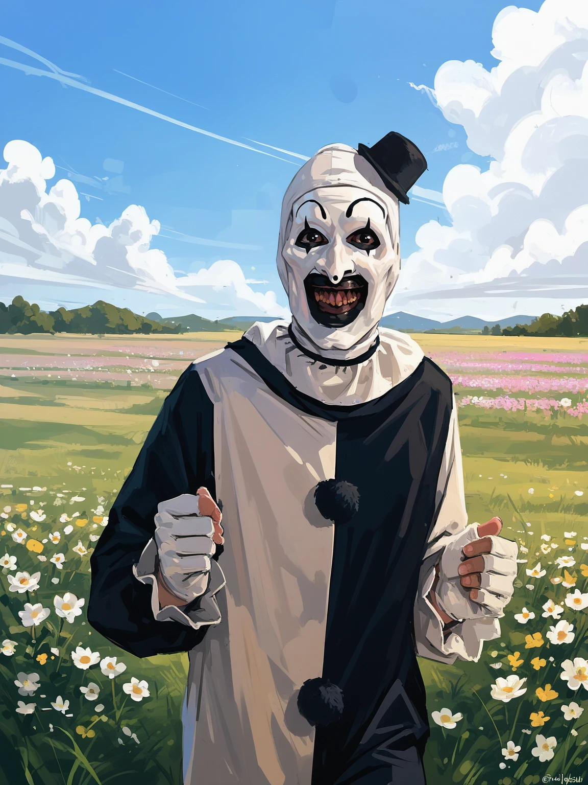 <lora:ArtTheClownN:0.8>, art_costume, art_the_clown, <lora:art_the_clown:0.35>, black eyes, male focus,
scenery, running in flower field, hands to side, smile, happy, cowboy shot, sky, dutch angle, upper body, high grass, solo,
, 5_fingers, <lora:MandradjievRassstrovV2:0.8>, zPDXL3