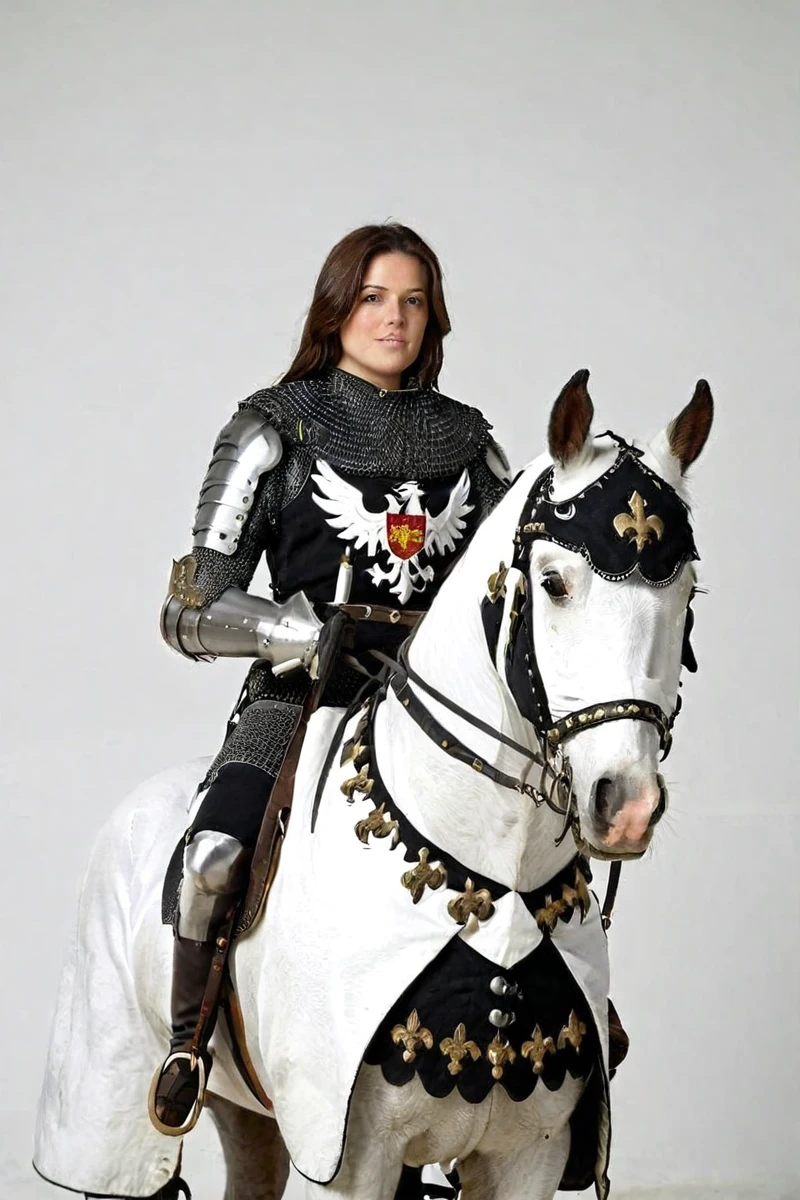 hires digital photo, photorealism, simple white background, solo, brunette woman, wearing (Greathelm:1.3) with winged crest, wearing platemail, black tabbard over large breasts, on horseback, <lora:PlatemailXLV1-000021:1>, intricate details, high resolution,, SDXL_Overall_Detail