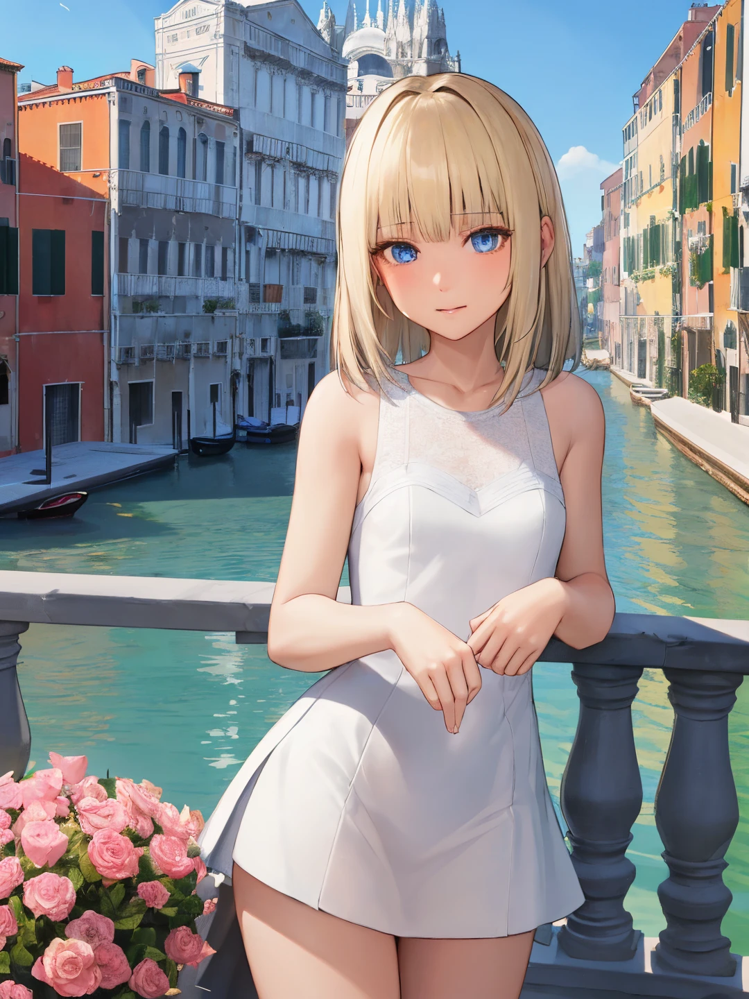 <lora:Lunafrena_L_0Rv2:0.6>
lunafrena-l, blue eyes, blonde hair, medium hair, small breasts
white dress, sleeveless
masterpiece, best quality, ultra-detailed, detailed, detailed skin, absurdres, 8k, digital art
1girl, solo, facing viewer, looking at viewer, standing, cowboy shot
(outdoors, fantasy, venice, stone floor, tree, flower bed, canal)