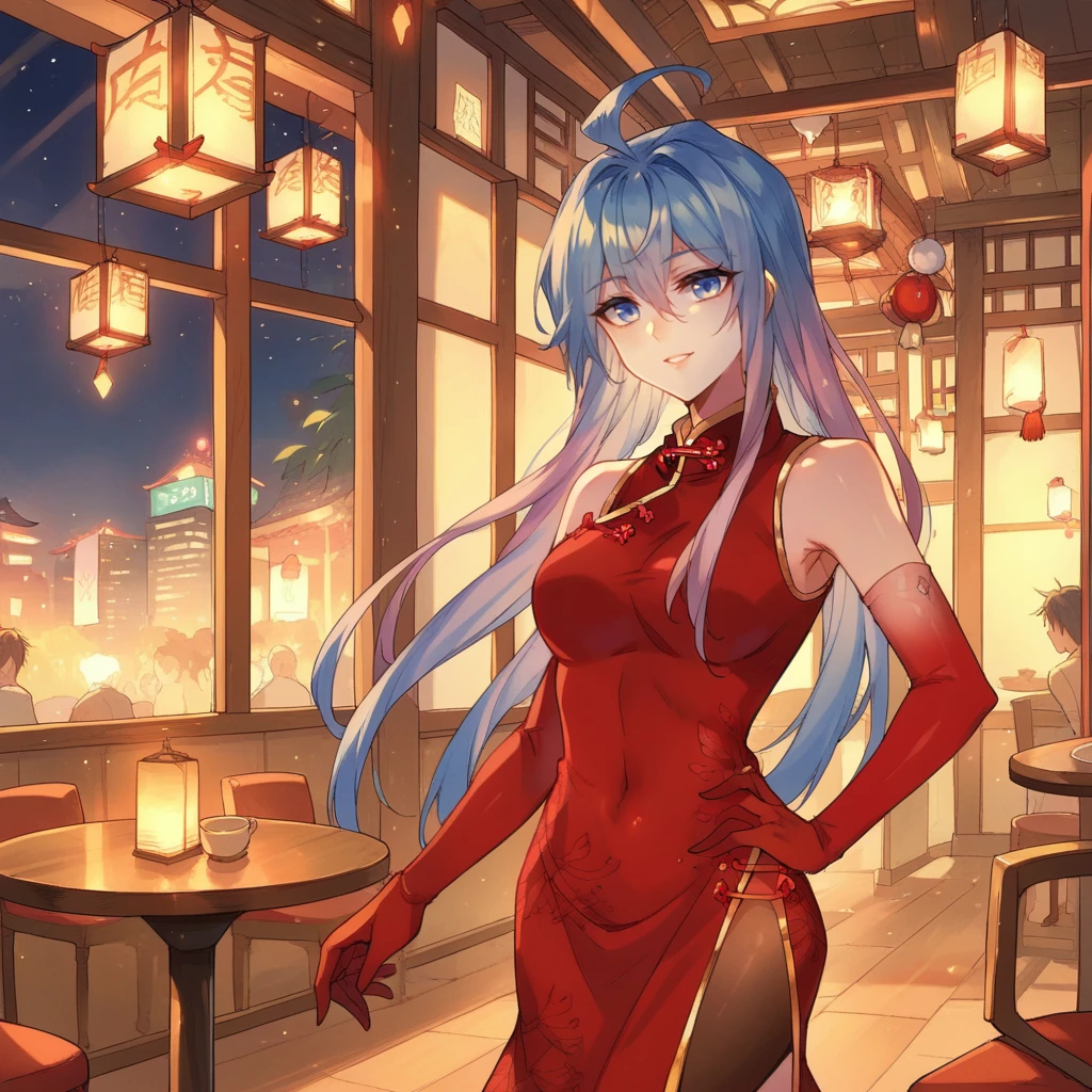 score_9_up, score_8_up, score_7_up, source_anime, 1girl, solo, Chinese interior, Chinese restaurant, dimmed light, lanterns, night, window, indoors, standing, hand on hip, looking at you, seductive smile, parted lips, half-opened eyes, WangQiu, Er_4th, gradient hair, blue hair, pink hair, blue eyes, long hair, ahoge, sleeveless dress, black pantyhose, side slit, red pelvic curtain, red dress, china dress, elbow gloves, red gloves, mature body, dynamic cowboy shot, 