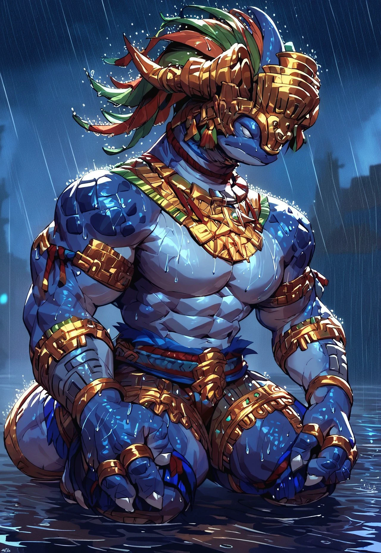 score_9, score_8_up, score_8, score_7_up, score_7, source_furry, rating_safe, best quality,ZoraalJa, solo, furry male, reptile, white eyes, tribal jewelry, necklace, feathered headdress, gold headwear, bracelet, digit ring, blue scales, blue body, armlet, rain, raining, best lights, wet, countryside, kneeling, tears, (large pecs), abs, (4fingers:1.2)